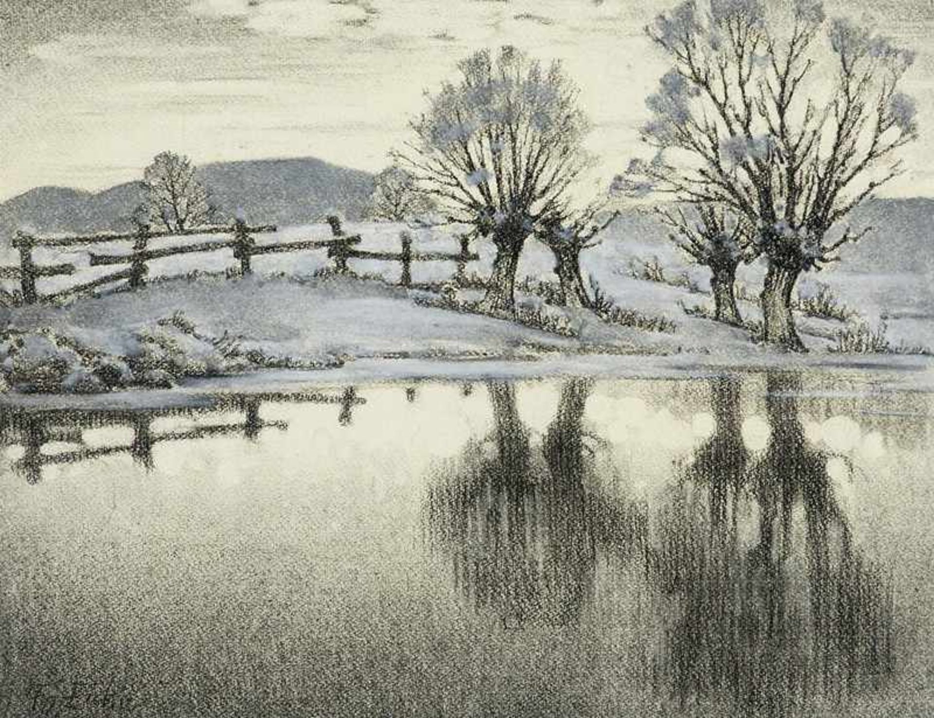 Eicke, Friedrich. (1883 - 1975). Winter am Wasser. Pastell auf hellgelbem Bütten. Ca. 34,5 x 44