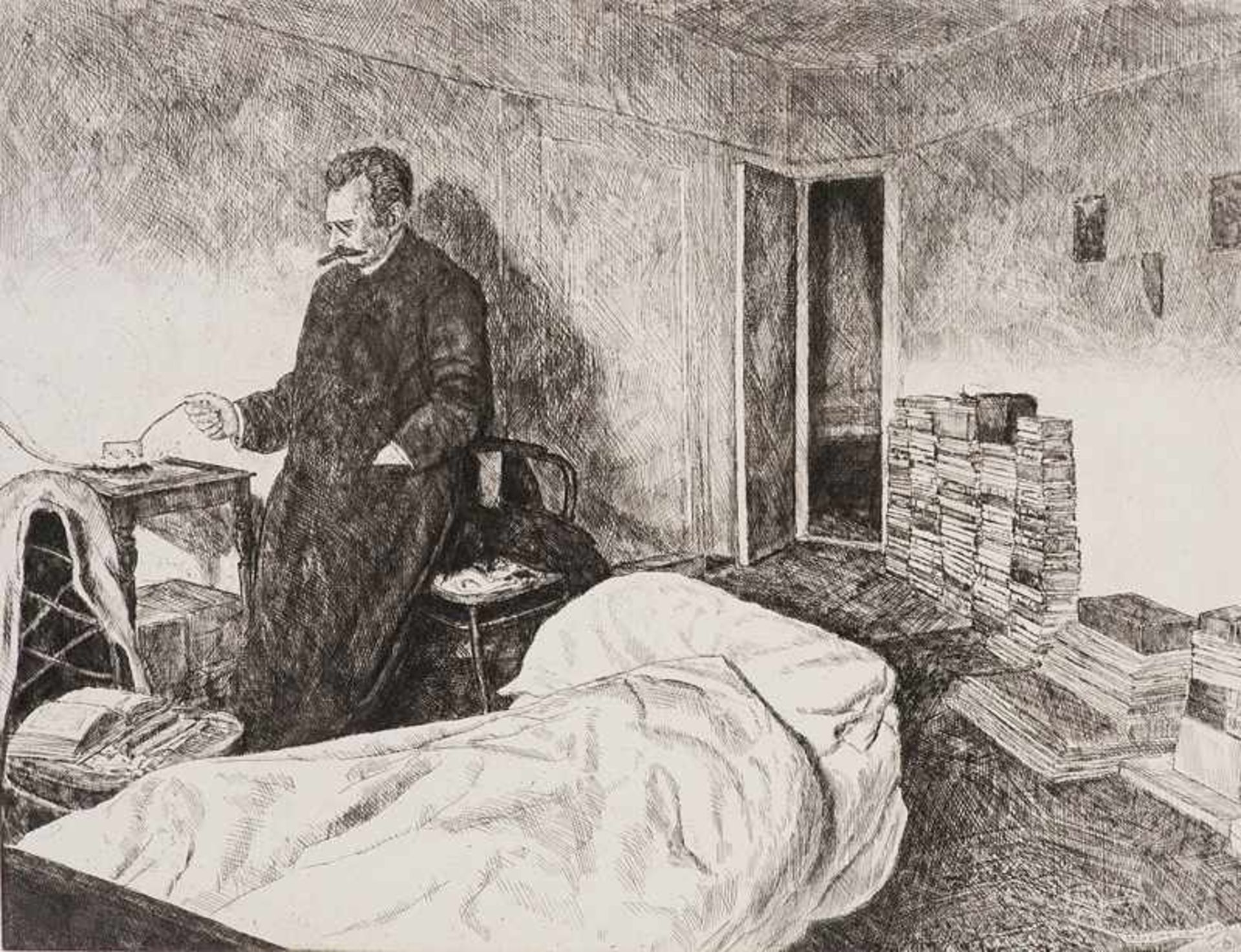 Büttner, Erich. (1889 Berlin - 1936 Freiburg i. Br.). Arno Holz in seinem Schlafzimmer beim