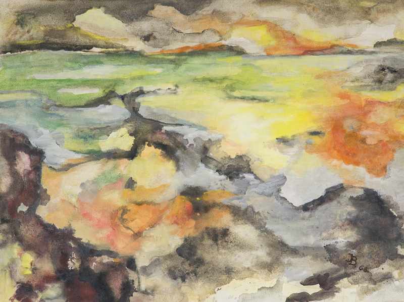 Böings, Ingeborg. Sonnenuntergang an der bretonischen Küste. 1968. Öl auf Leinwand. 66 x 88 cm.