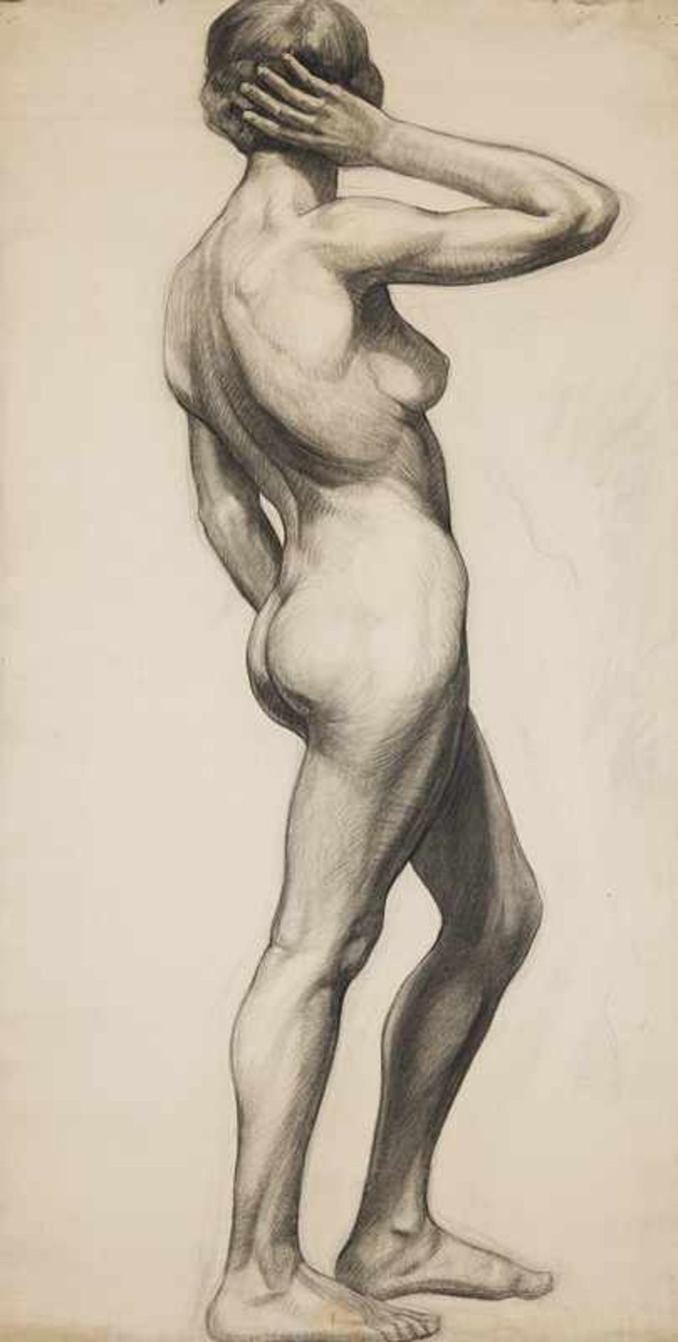 Mueller, Albert. (1884 Schwandorf - 1963 Bremen). Weiblicher Rückenakt, stehend. Kohlestift auf