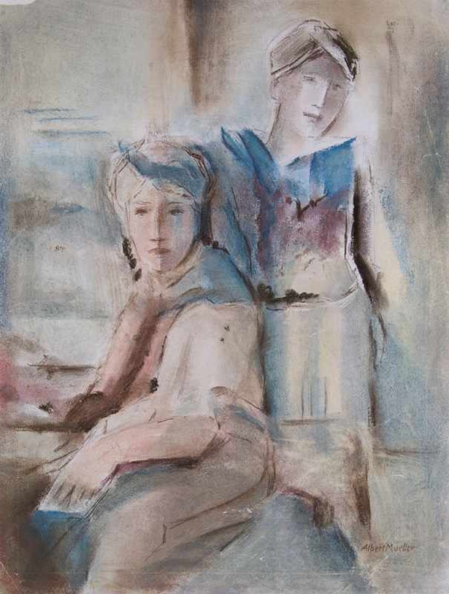 Mueller, Albert. (1884 Schwandorf - 1963 Bremen). Bildnis zweier Frauen. Pastell auf Bütten. 57 x 43