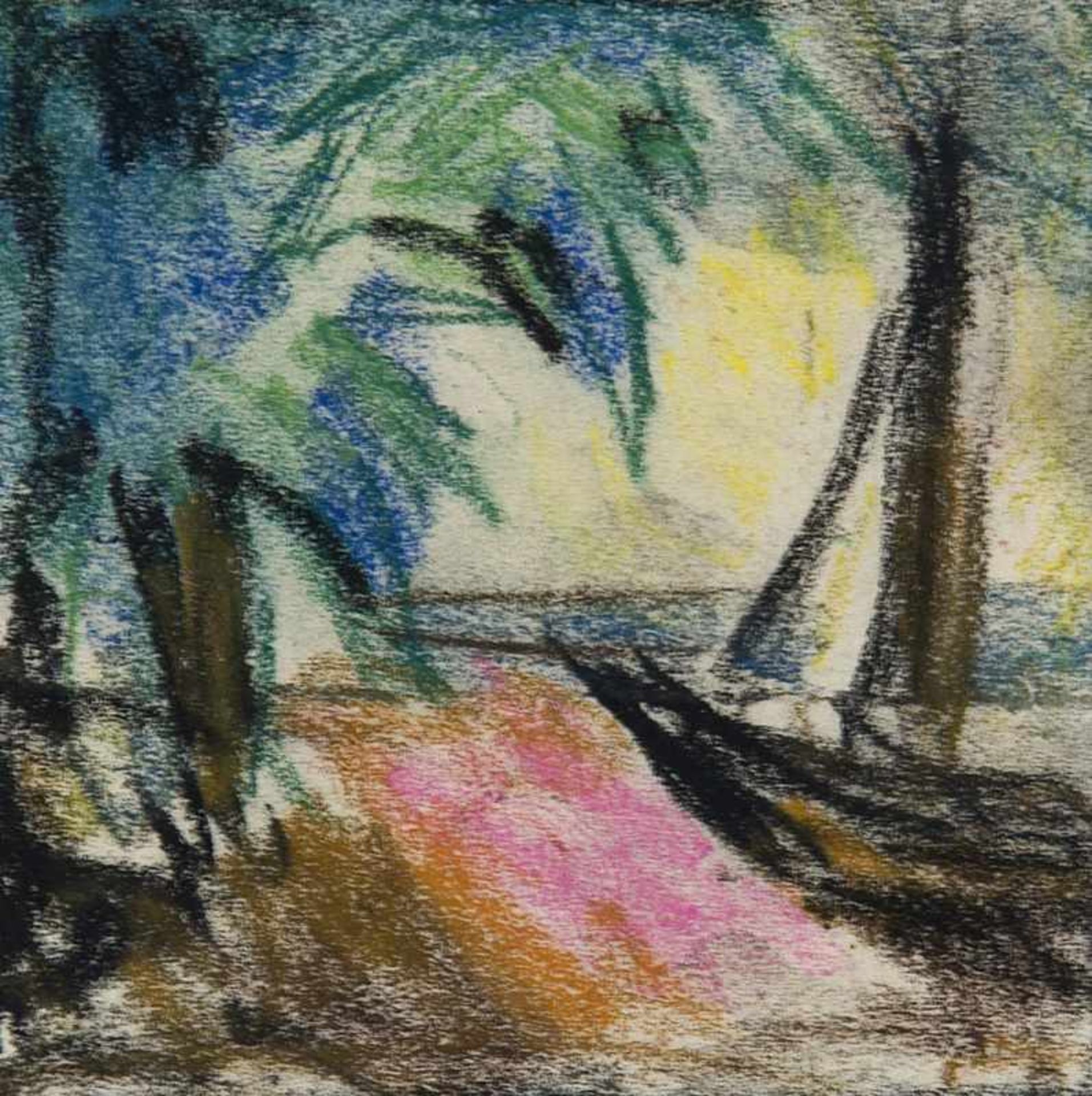 Mueller, Albert. (1884 Schwandorf - 1963 Bremen). Segelboot am Strand unter Palmen. Pastellkreide