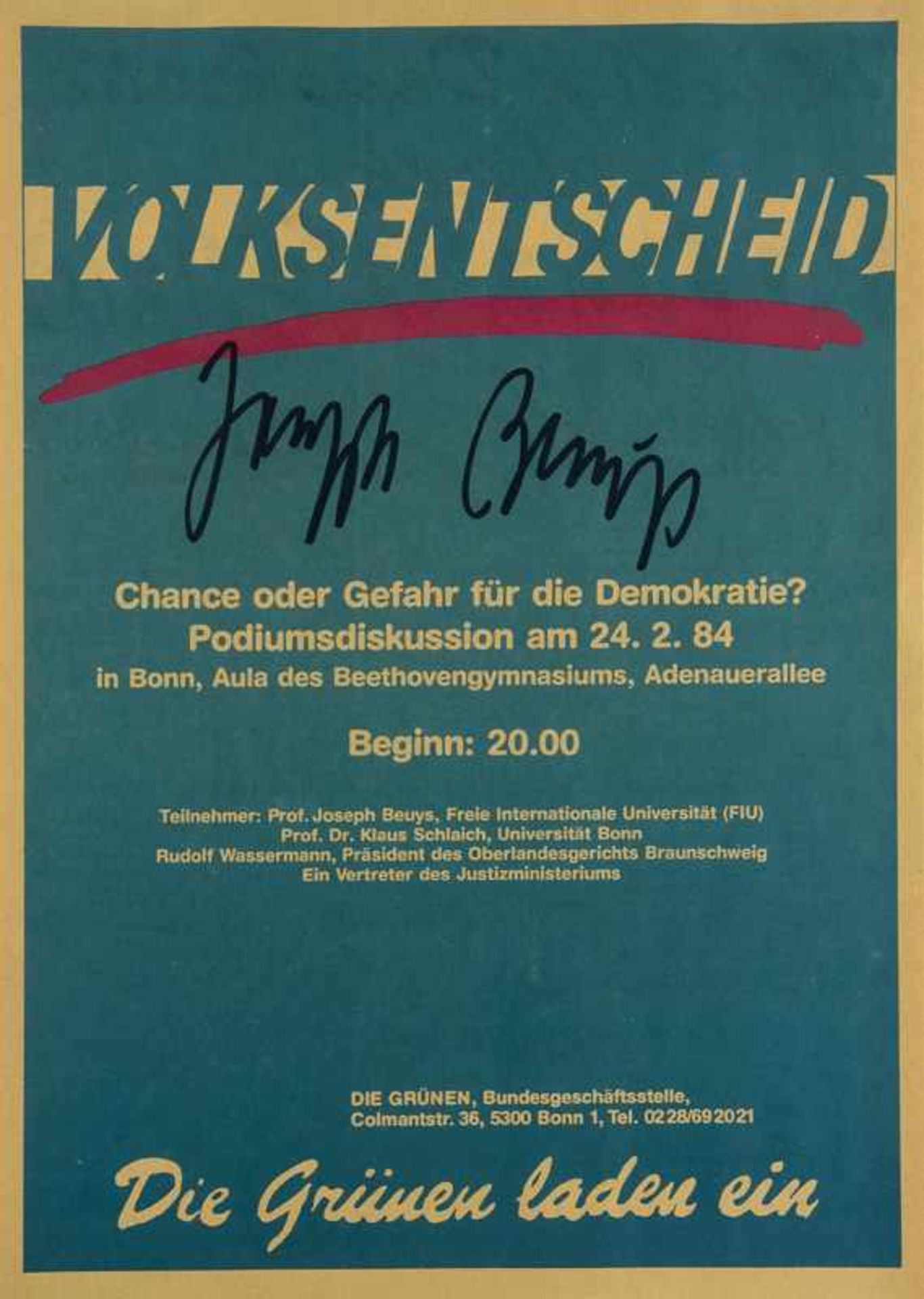 Beuys, Joseph. (1921 Krefeld - 1986 Düsseldorf). Volksentscheid. 1984. Farboffsetlithographie auf