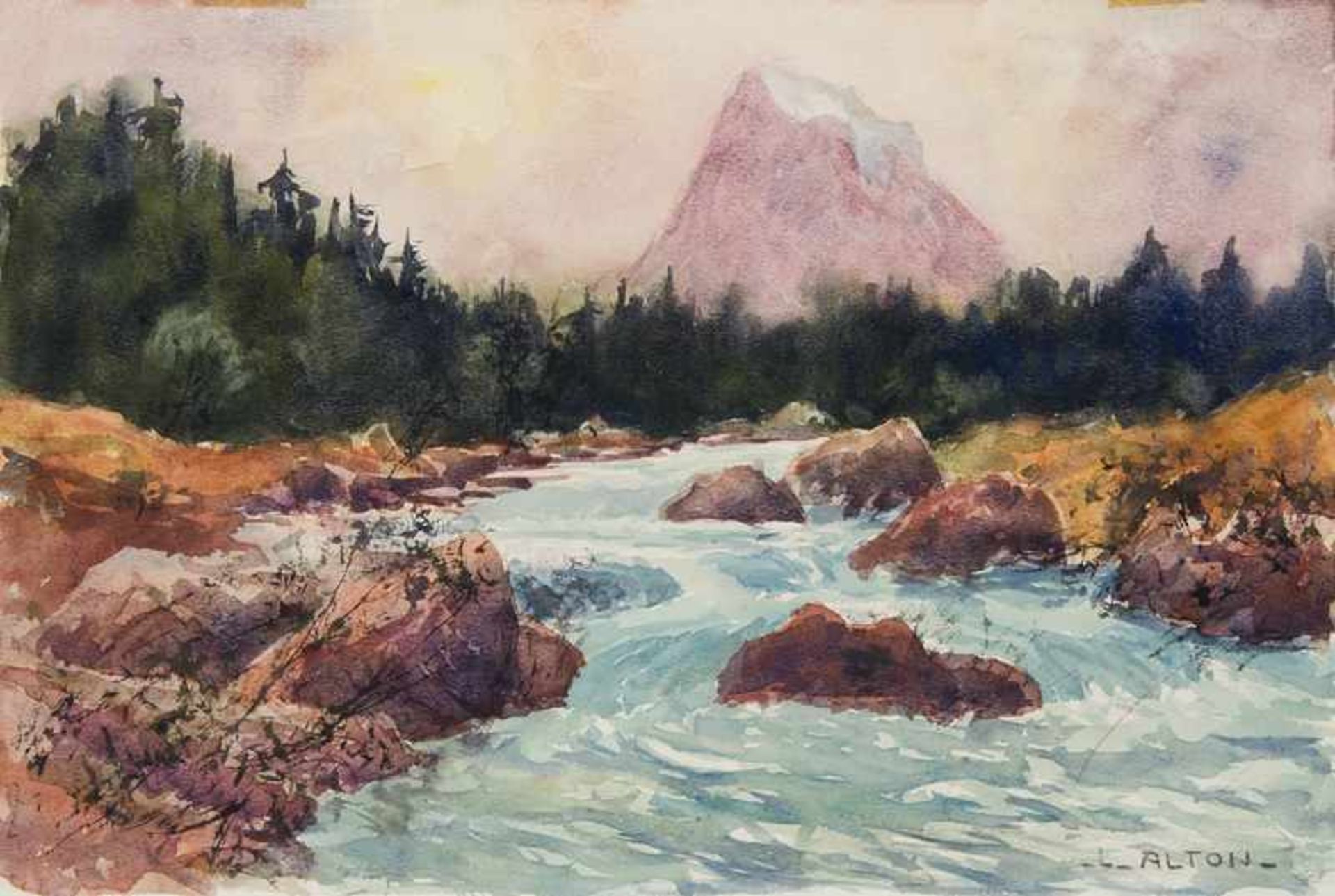 Alton, Lois Lupp. (1894 Krumau - 1972 Innsbruck). Landschaft. Aquarell auf festem Papier. 28,3 x