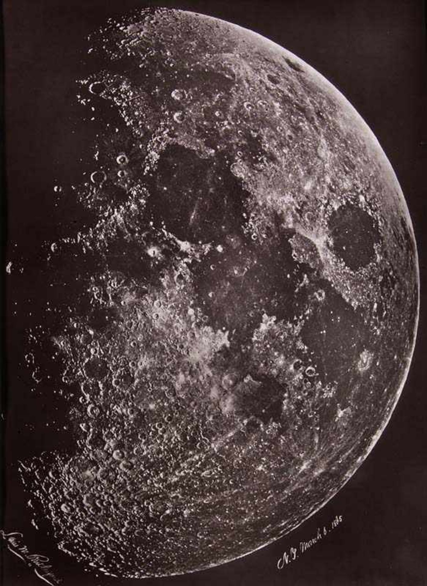 Astronomie - - Rutherford, Lewis Morris. Photographie de la Lune à son 1er Quartier à son March6,