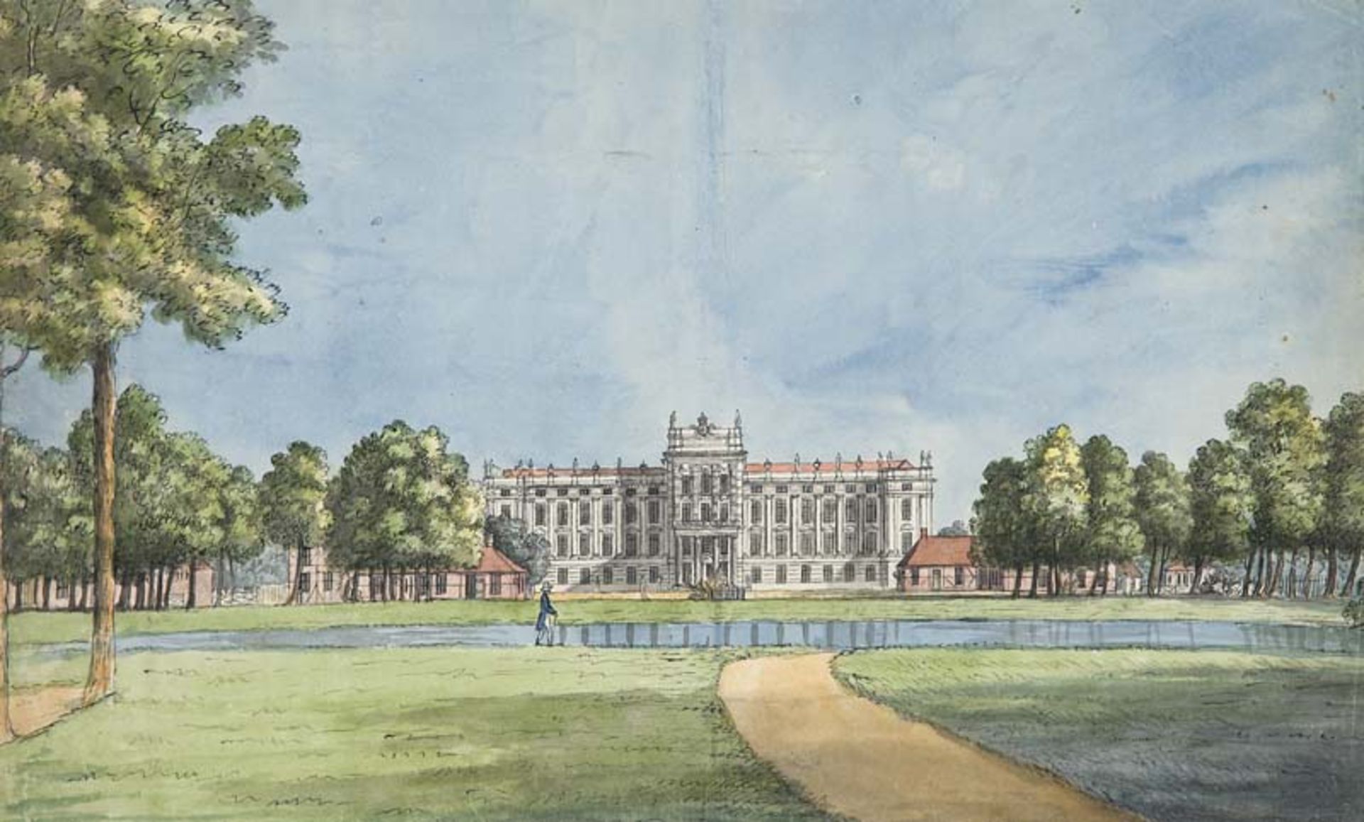 Mecklenburg-Vorpommern - - Schloss Ludwigslust. Aquarellierte Bleistift- und Tuschezeichnung auf