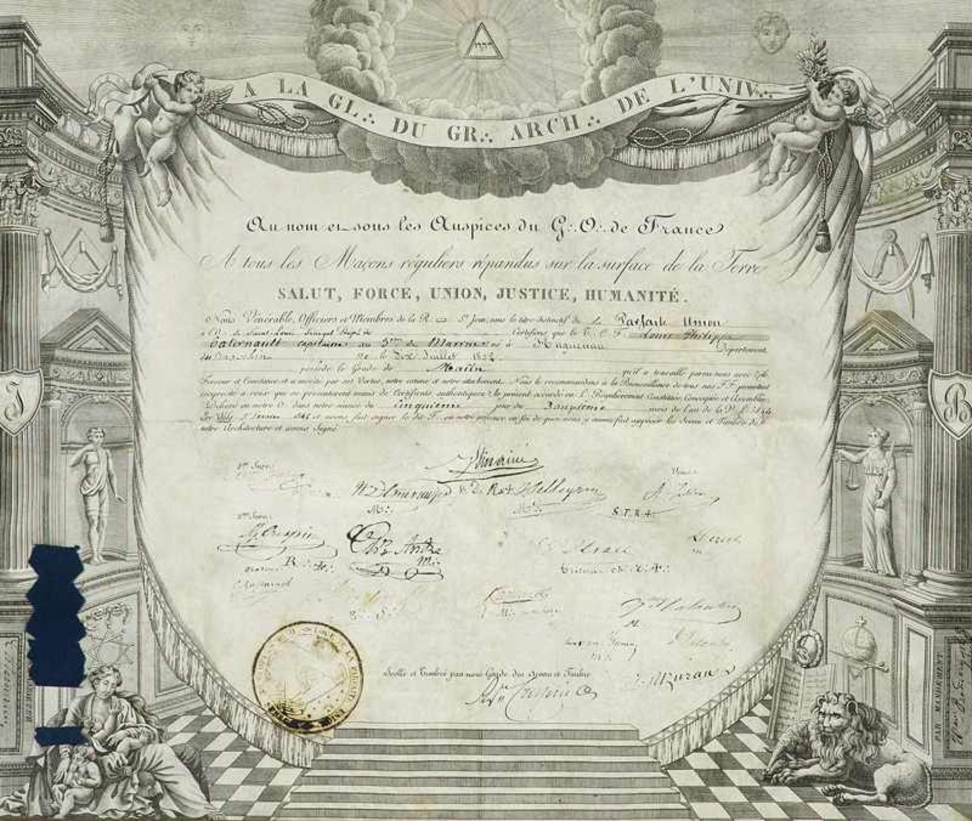 Masonic document of the Lodge " G. O. (Grand Orient) de France " on parchment. Au nom et sous les