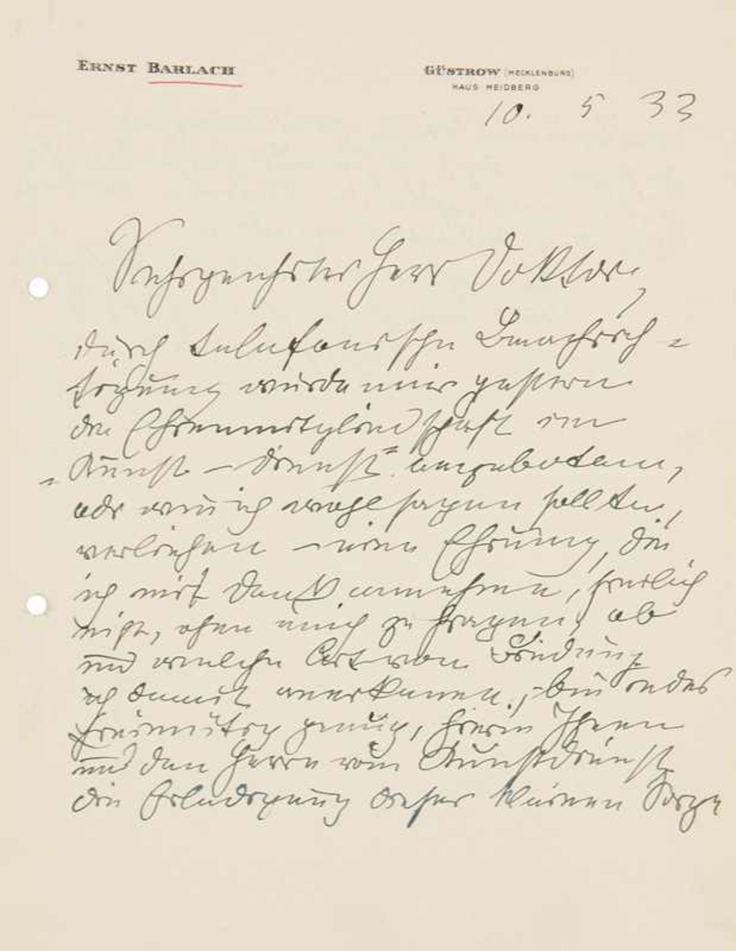 Barlach, Ernst Handwritten letter with signature to a doctor. Güstrow (Mecklenburg), Haus