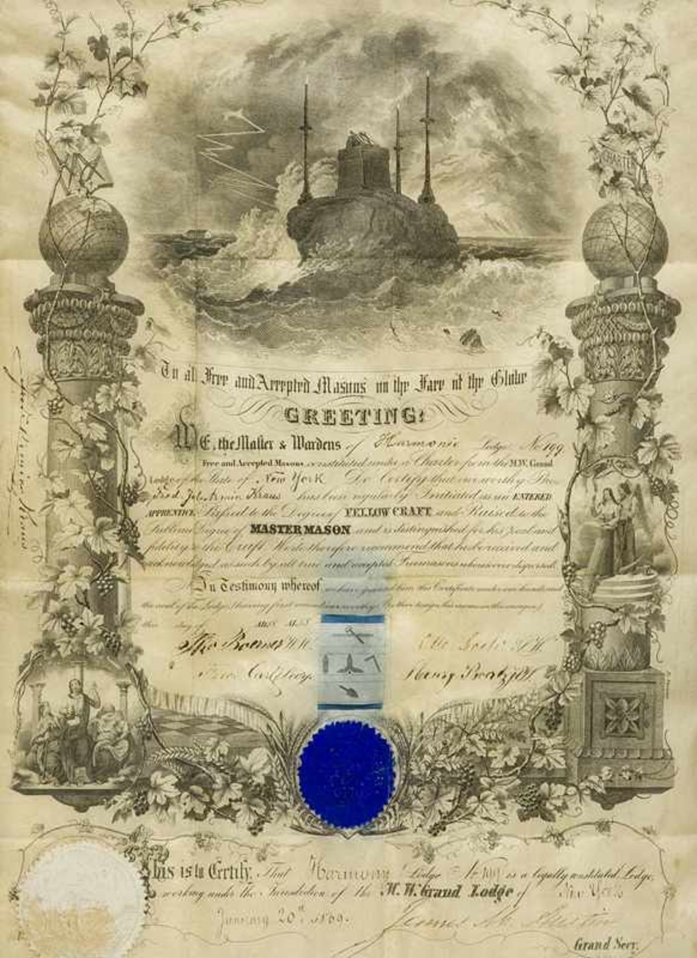 Masonic deed. Certificate of the Lodge "Harmony Lodge, New York " on parchment. Master diploma for