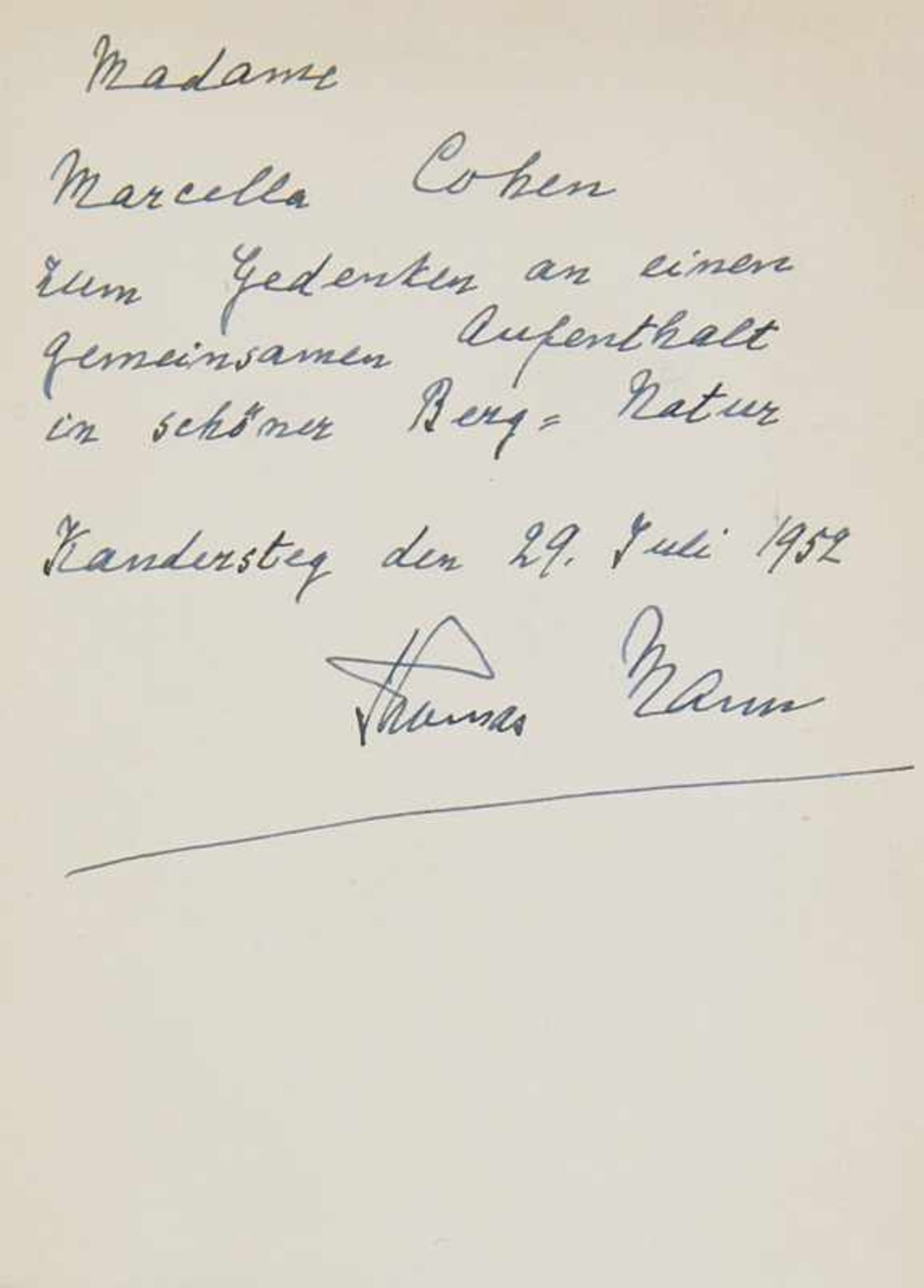Man, Thomas Personal dedication with signature. Kandersteg, 29 July 1952. 1 sheet. (approx. 15 x