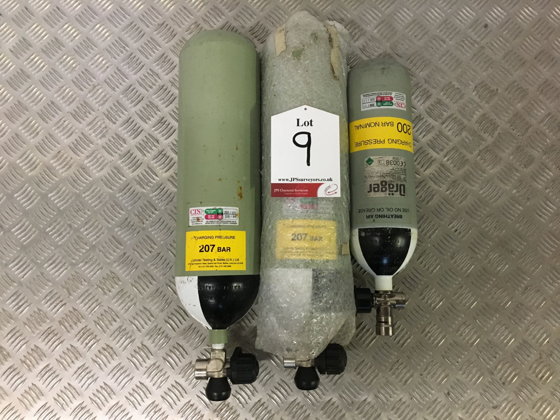 2 x Sabre 200 Bar Compressed Air Cylinder with Saver Valves and 1x Drager 3L Compressed Air Cylinder