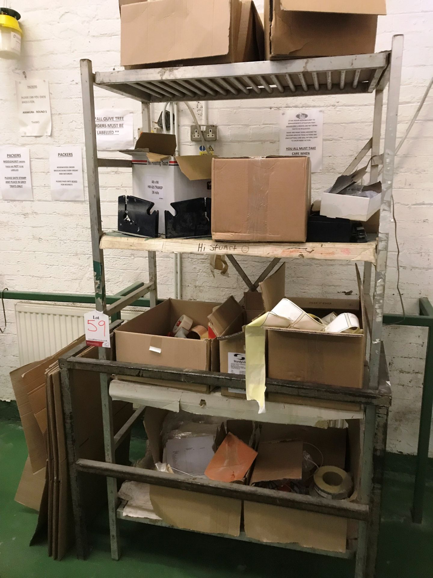 4 Tier Metal Rack w/ Packaging Stock & Equipment - As Pictured