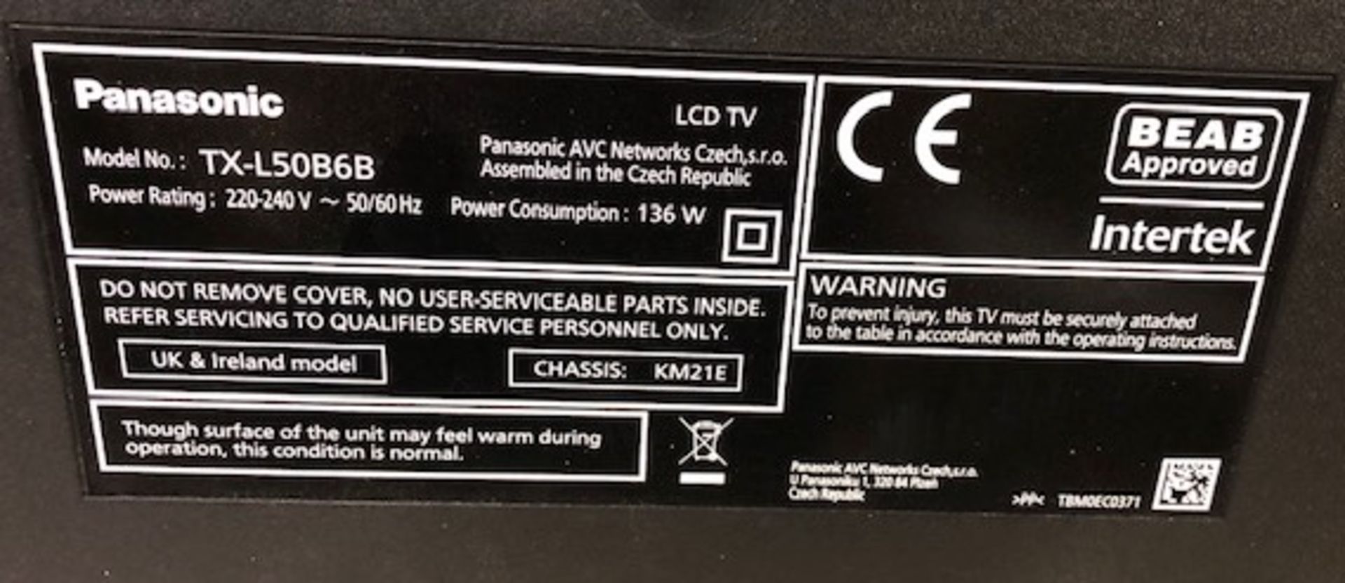 Panasonic Viera TX-L50B6B 50" LCD Television w/ Remote Control | NO STAND - Image 5 of 5