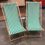 2 x Green & White Wooden Deck Chairs