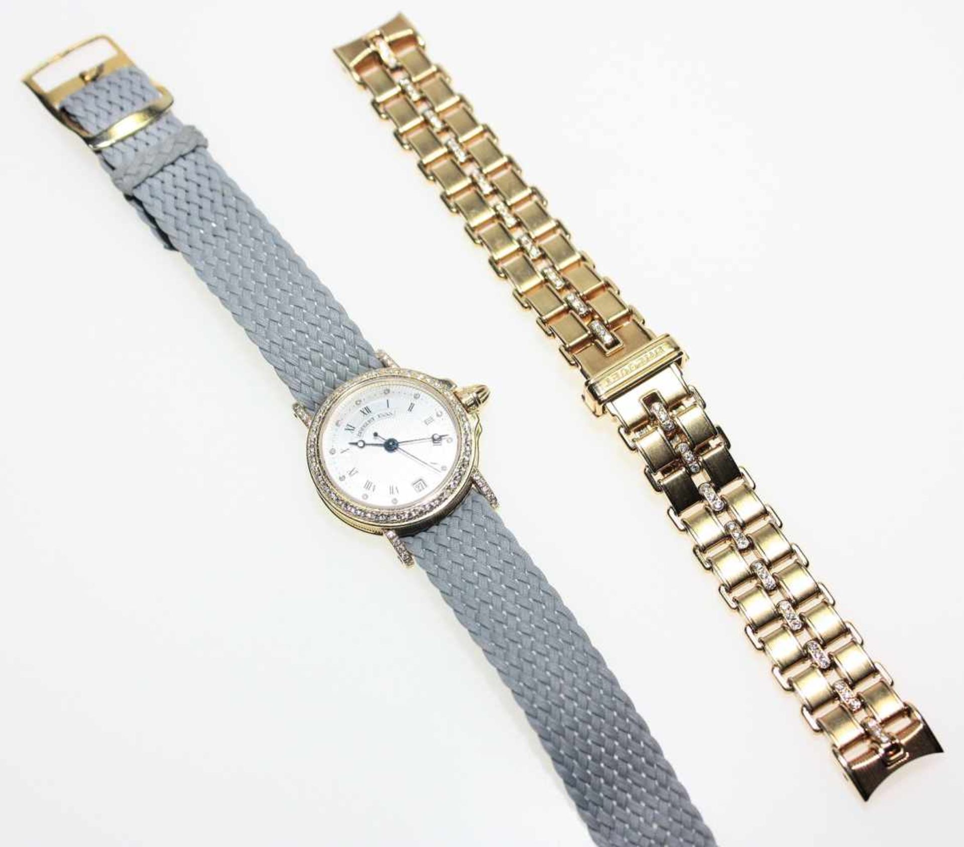 Goldene Damen-Armbanduhr 750/f gest., mit grauem Stoffarmband, Breguet Nr. 1533C, Automatik,