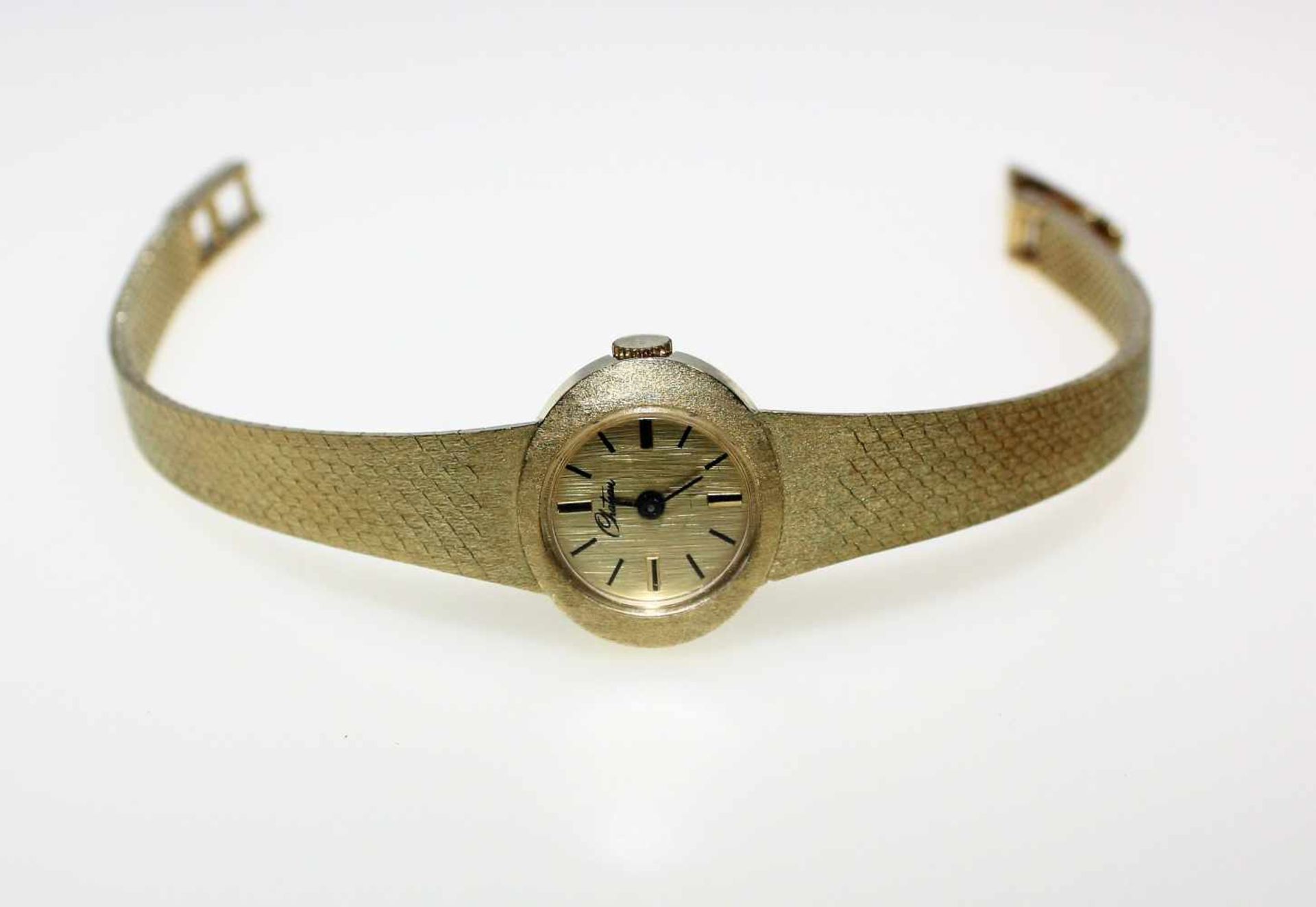 Goldene Damen-Armbanduhr 585/f gest. mit fest angearbeitetem Ansatzband, rundes Zifferblatt