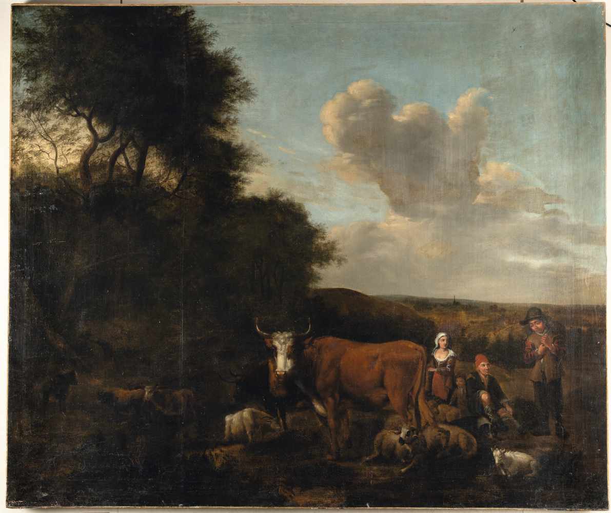 Albert Jansz. KlompUm 1618 ? - Amsterdam 1688Weite Landschaft mit Vieh, Schafen und HirtenÖl auf - Image 2 of 2