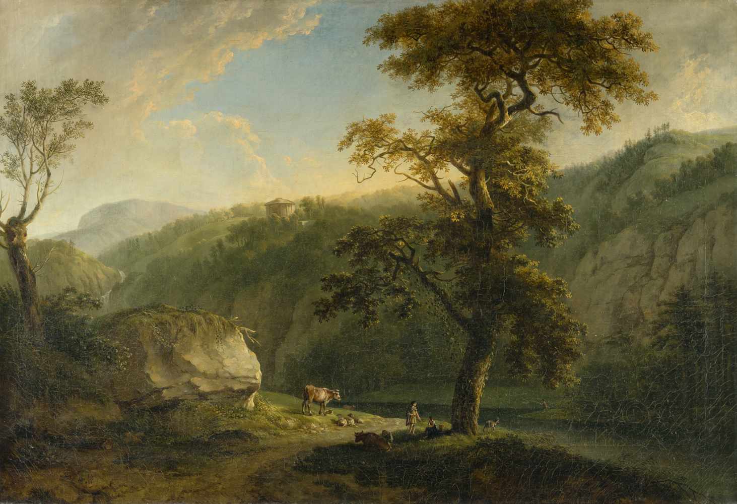 Ludwig Hess1760 - Zürich - 1800Flusslandschaft mit Hirten, Kühen und einem kleinen RundtempelÖl