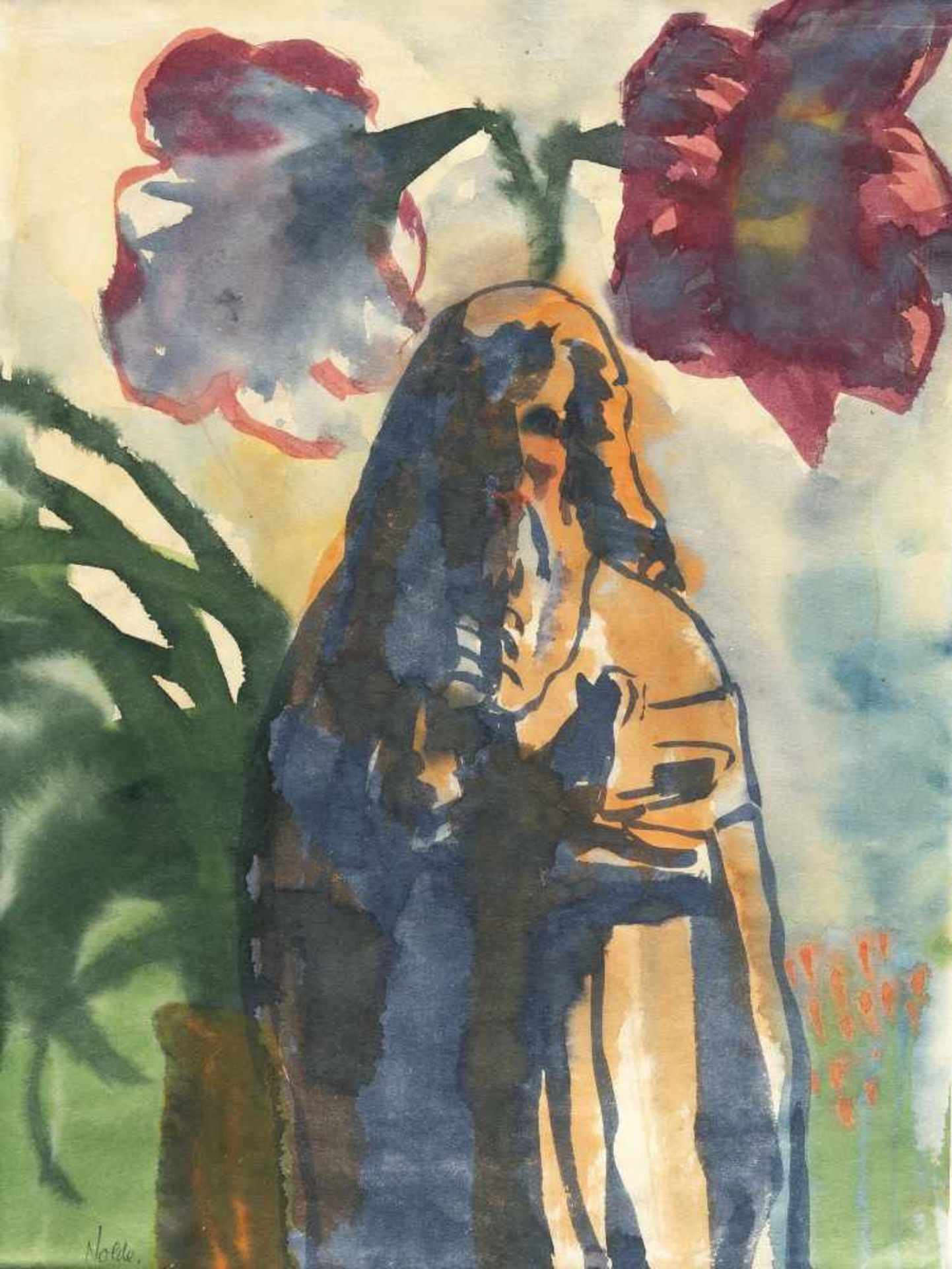 Emil Nolde1867 Nolde - Seebüll 1956Zwei große Amaryllisblüten mit HeiligenfigurAquarell auf feinem