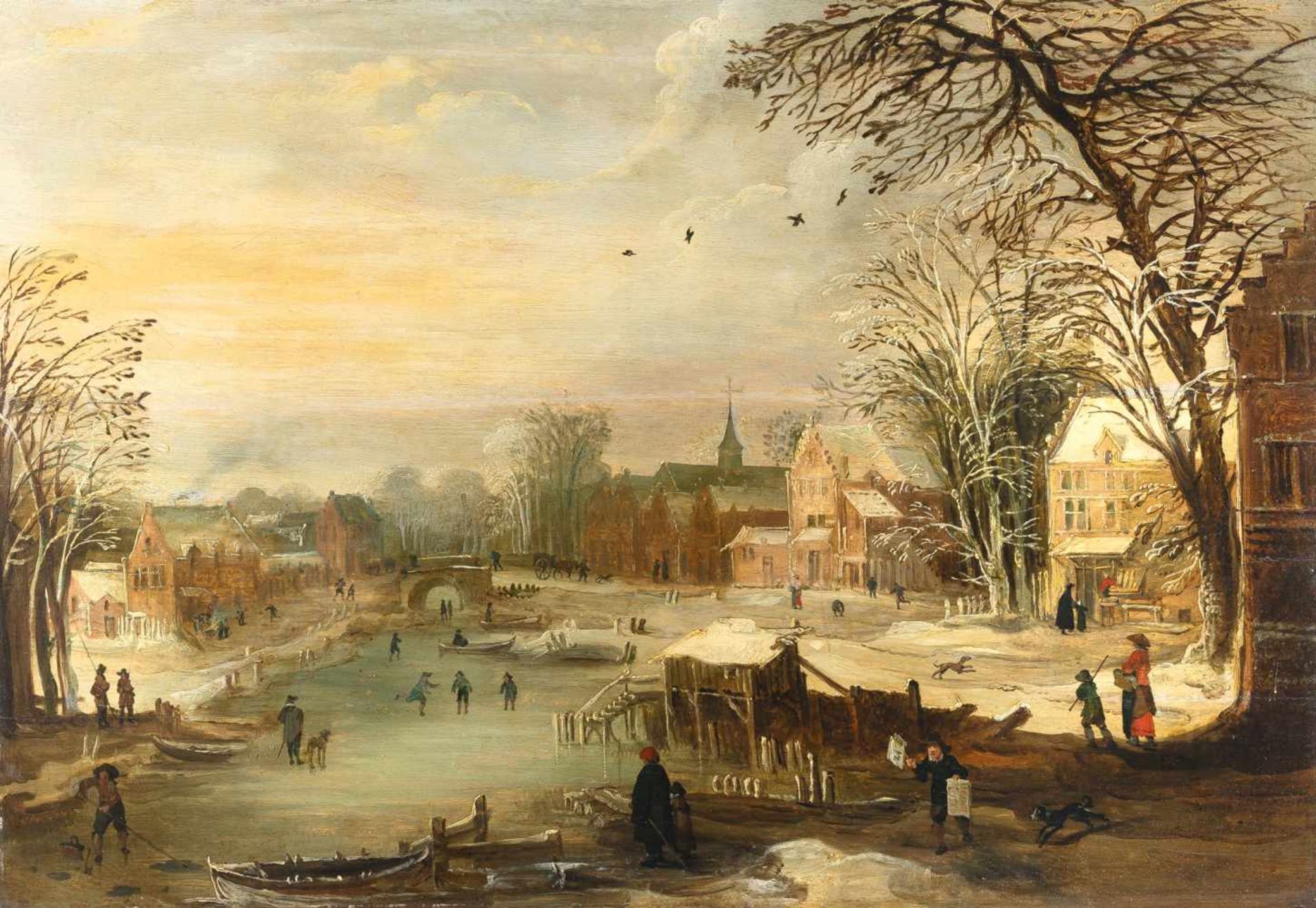 Josse de Momper D. J.1564 - Antwerp - 1635Winterliche Dorflandschaft am vereisten FlussÖl auf