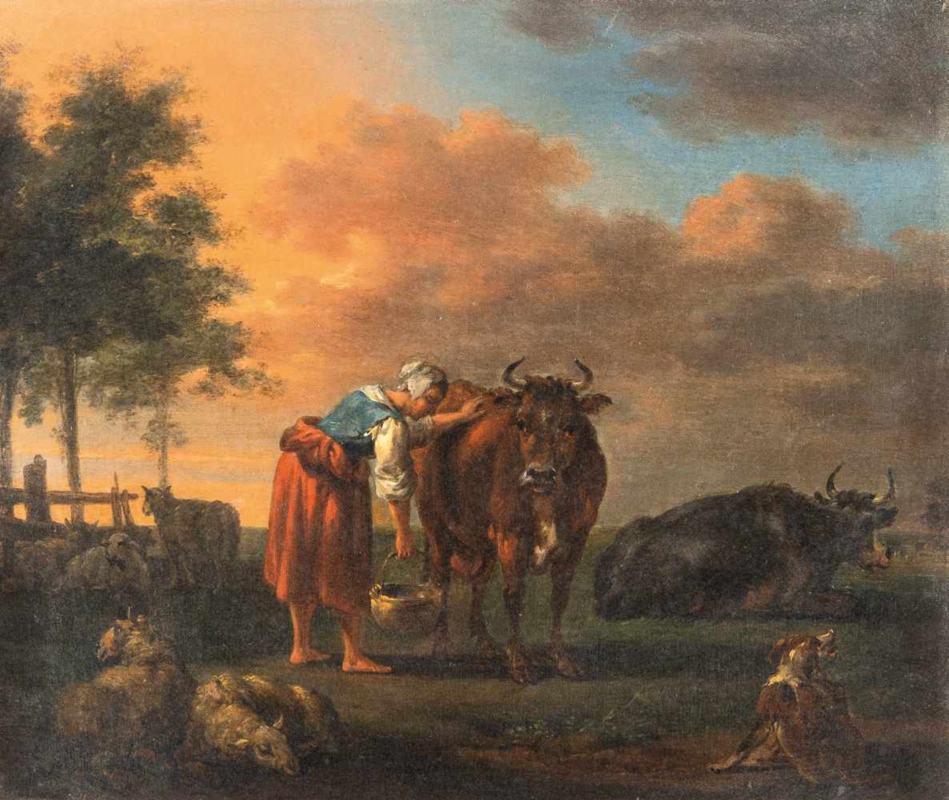 NiederländischLandschaft mit Vieh und einer Magd mit Melkeimer Öl auf Holz. (Um 1700). 31 x 37 cm.