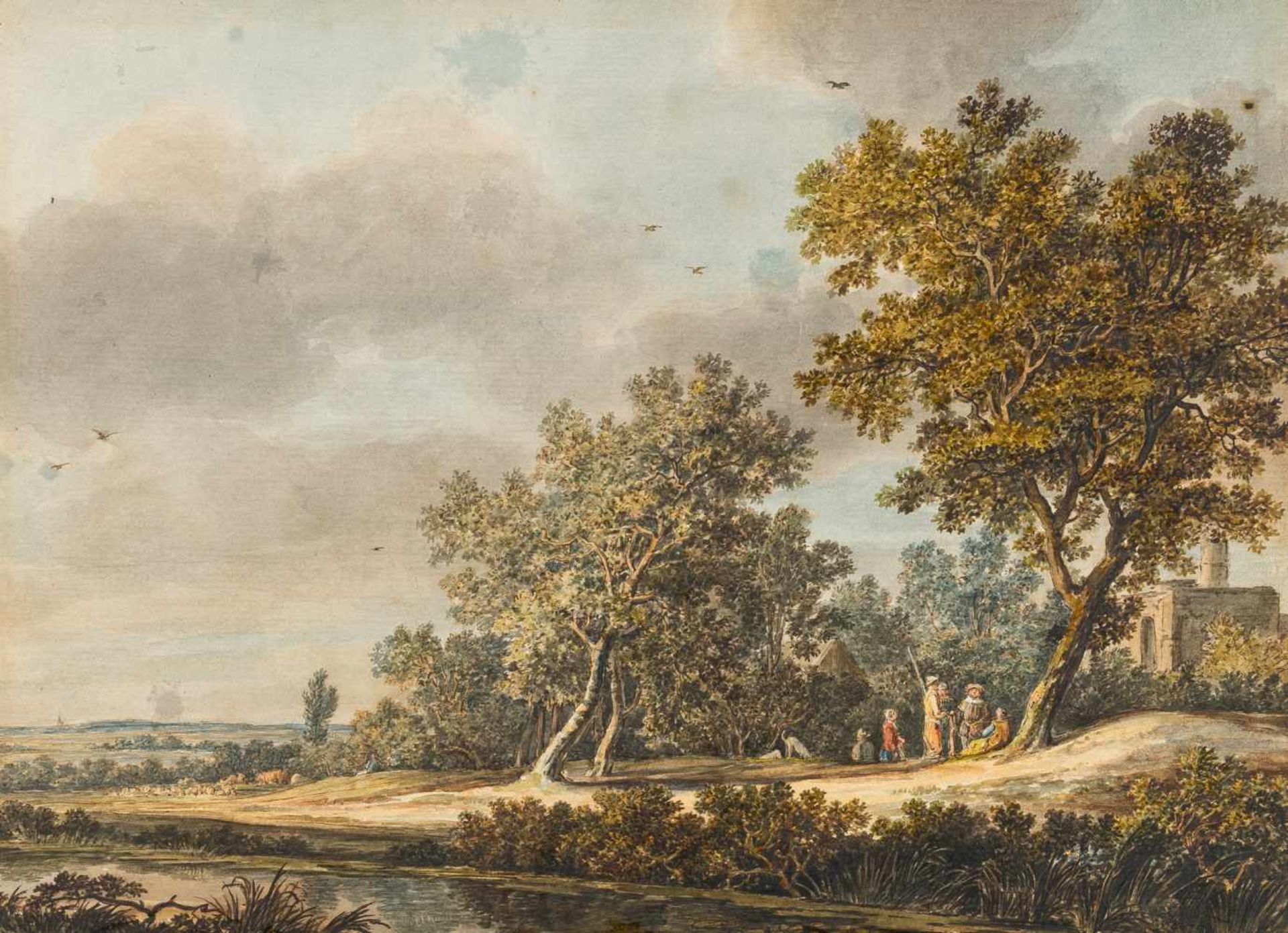 Martinus J. Van Der Jagt1747 Haarlem - Zeist 1805Landschaft mit ReisendenAquarell und Feder in Braun