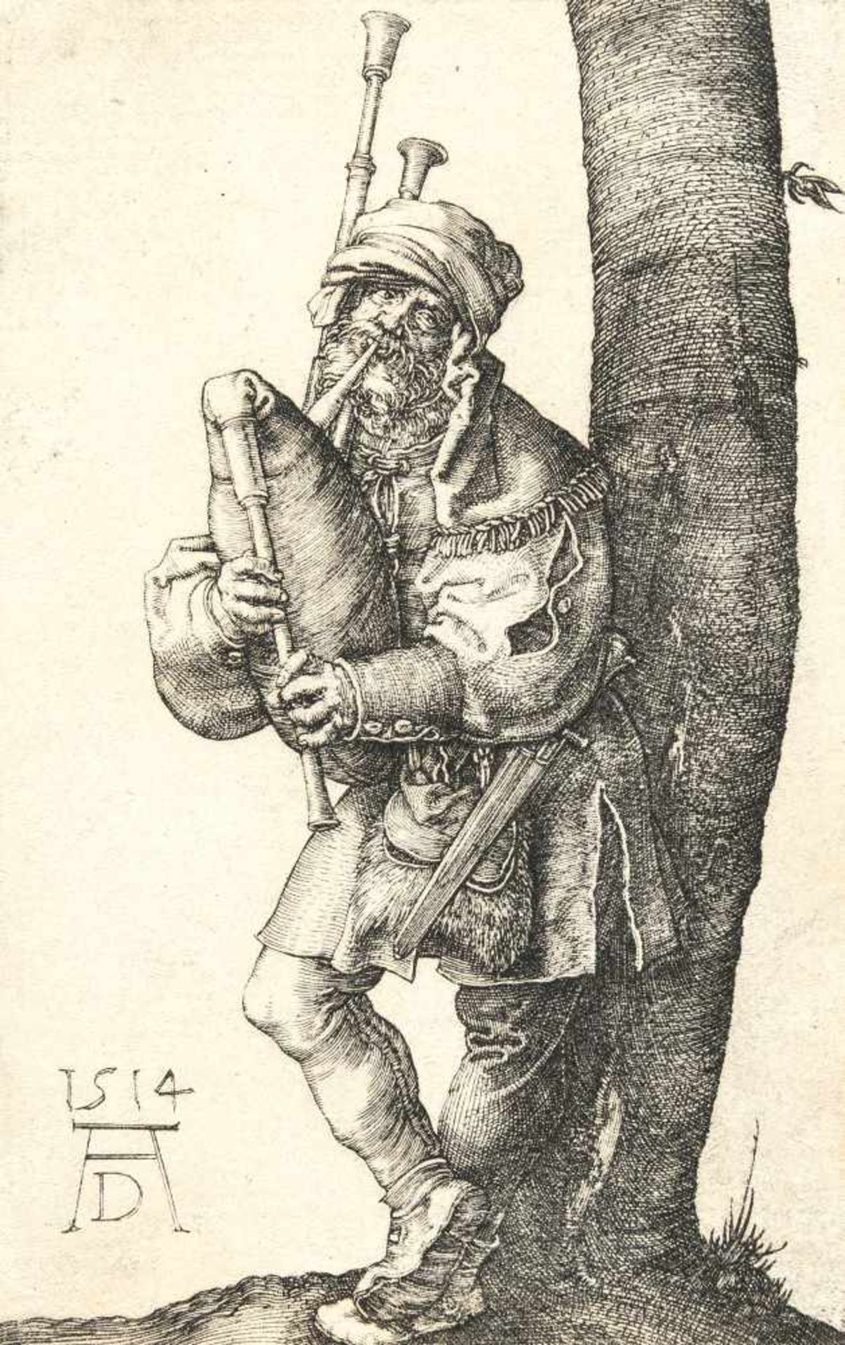 Albrecht Dürer1471 - Nuremberg - 1528Der DudelsackpfeiferKupferstich auf Bütten. (1514). 11,6 x 7,