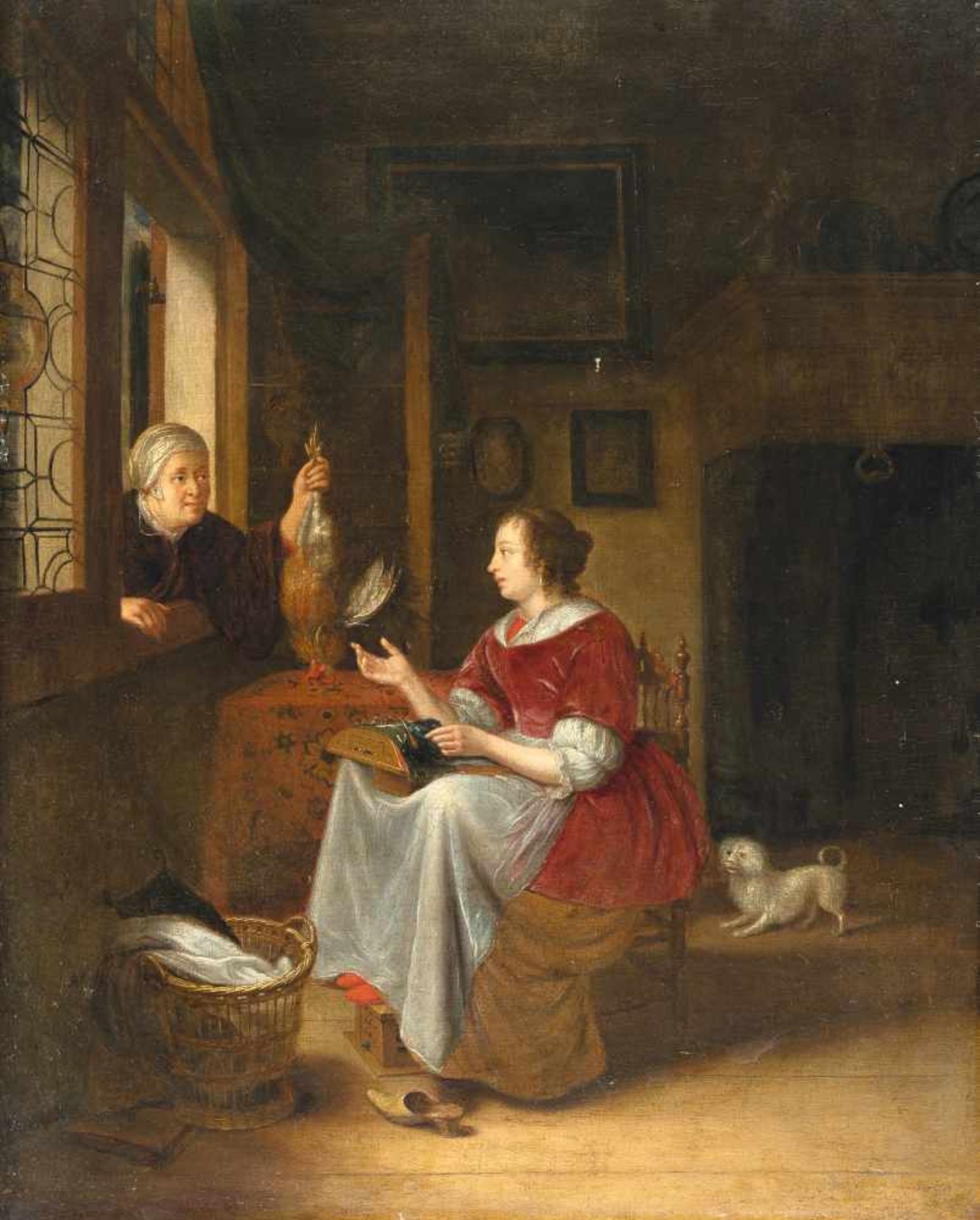 Pieter Cornelisz. Van Slingelandt (Umkreis)1640 - Leiden - 1691Interieur mit Spitzenklöpplerin und