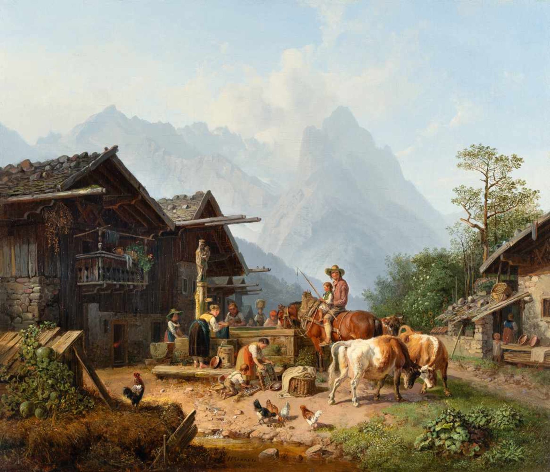 Heinrich Bürkel1802 Pirmasens - Munich 1869Dorfbrunnen bei GarmischÖl auf Leinwand, doubliert. 1844. - Bild 2 aus 2