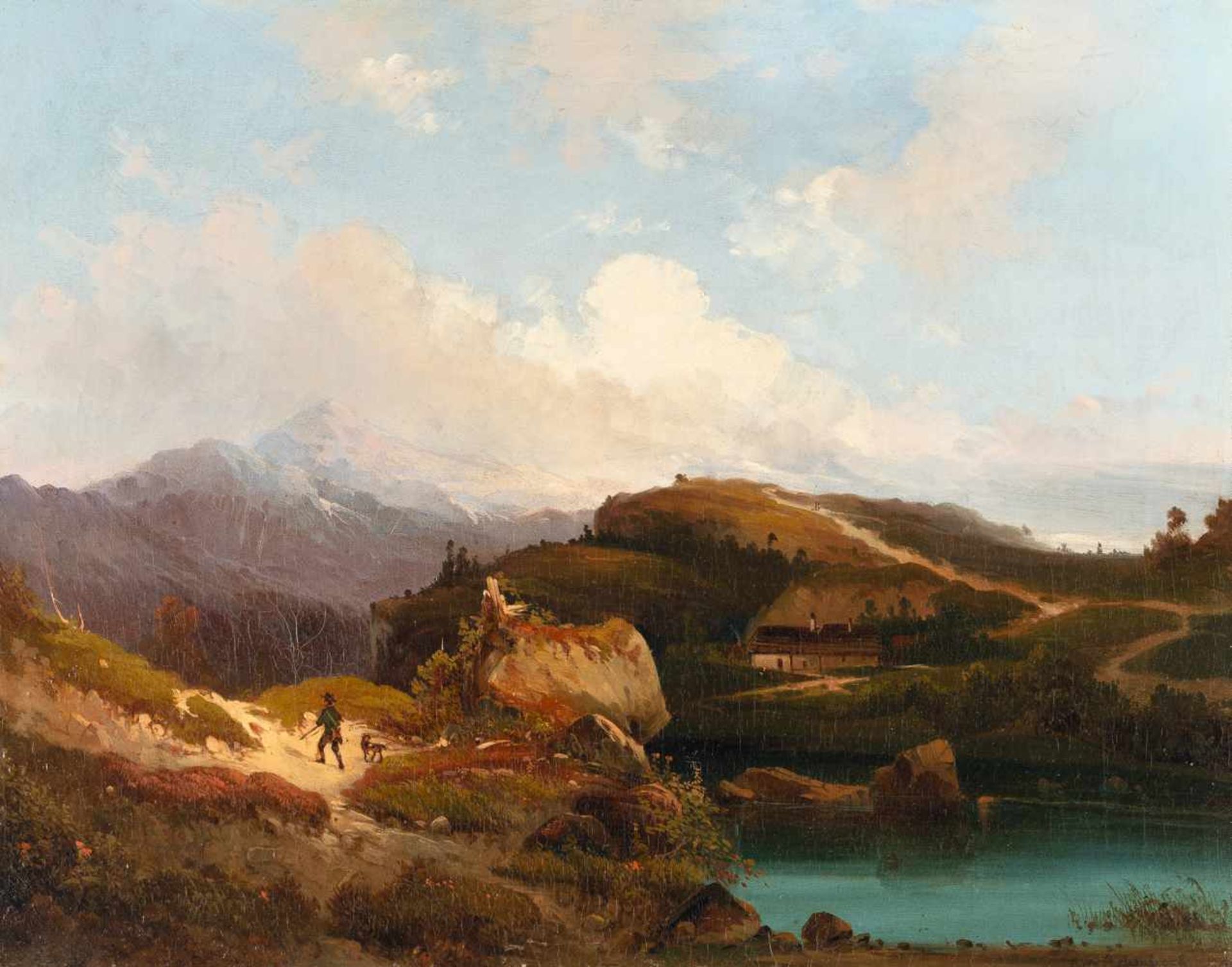 Andreas Achenbach1815 Kassel - Dusseldorf 1907Alpenlandschaft mit JägerÖl auf Leinwand. 44 x 56