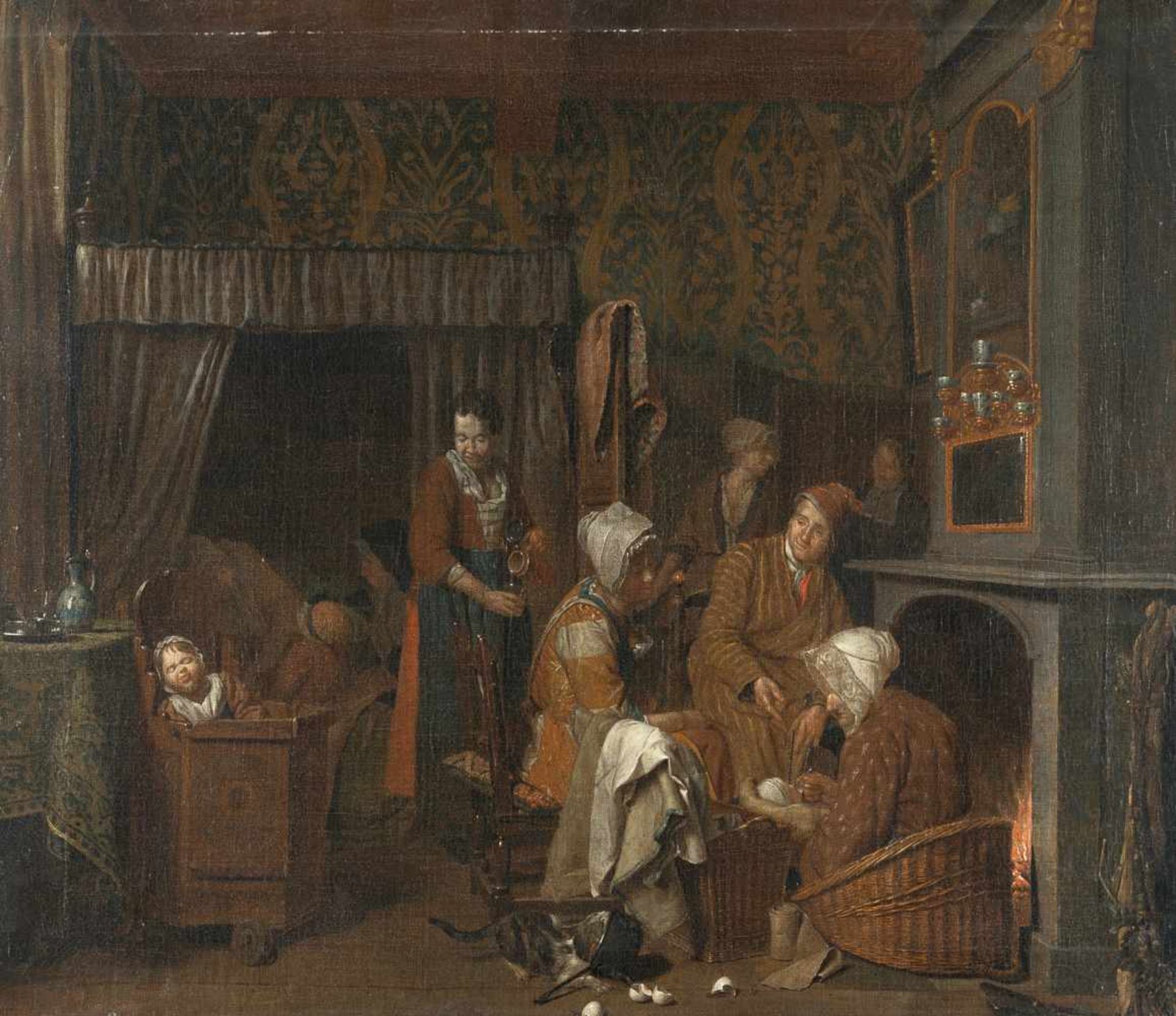 Jan Josef Hooremans D. J.1714 - Antwerp - 1792Besuch bei der WöchnerinÖl auf Leinwand, doubliert.