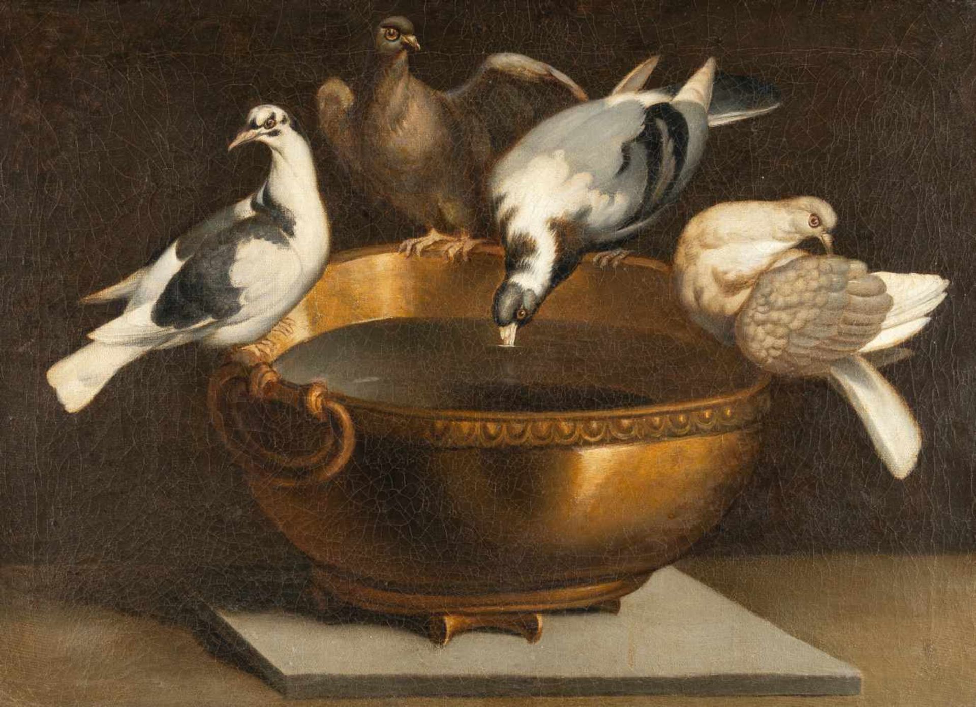 ItalienischVier Tauben auf einem Kupferkessel (Tauben des Plinius)Öl auf Leinwand, doubliert. (2.