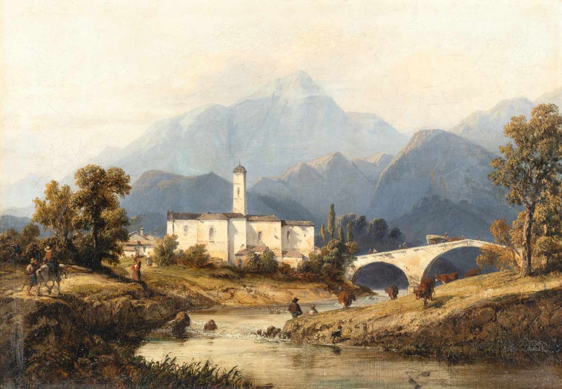 C. F. Merleytätig c. 1837Ansicht einer Klosterkirche an der Etsch in SüdtirolÖl auf Leinwand.