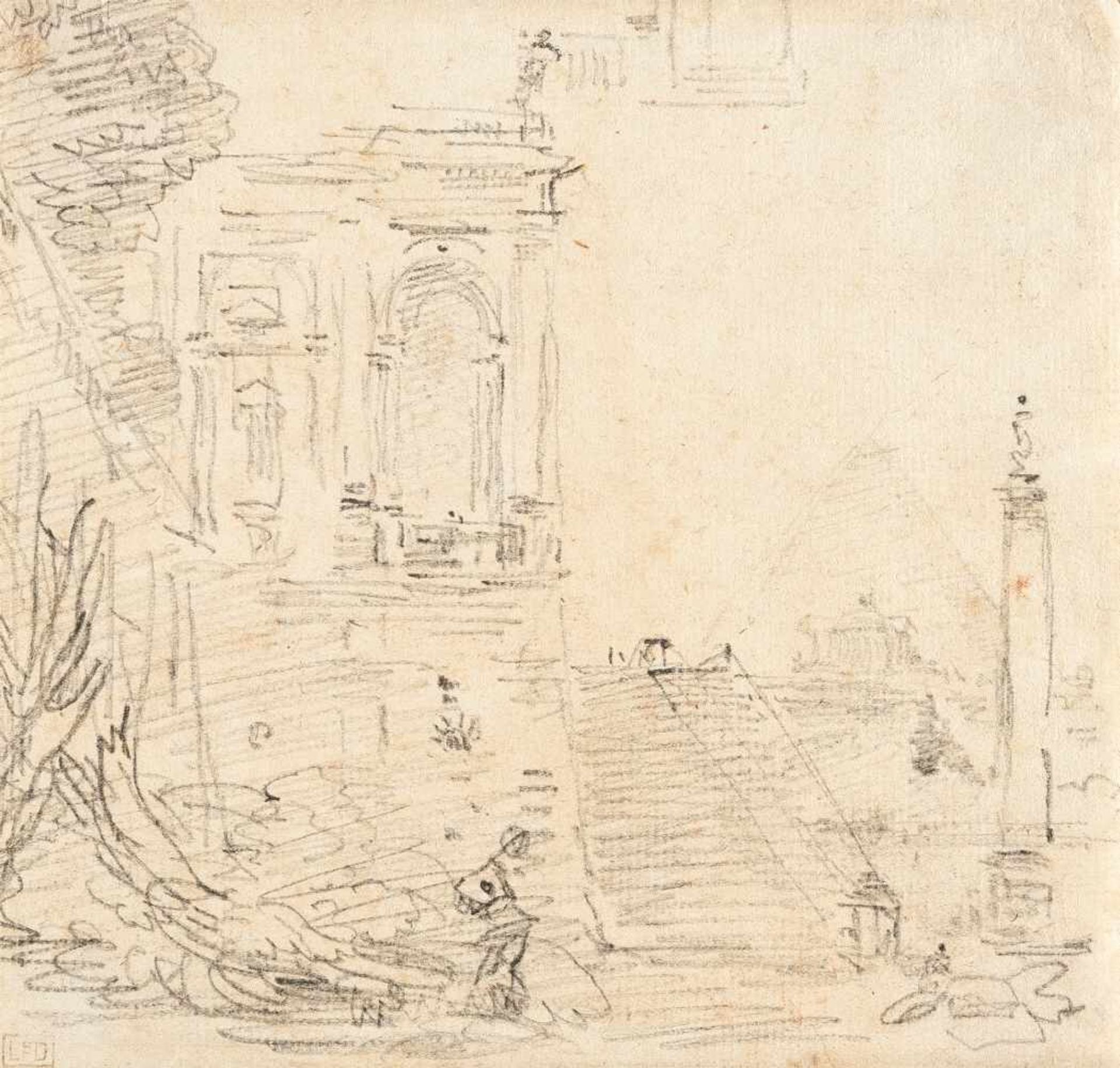 Hubert Robert1733 - Paris - 1808Capriccio mit Tempelruine, Treppenaufgang und PyramideSchwarze und - Bild 2 aus 2