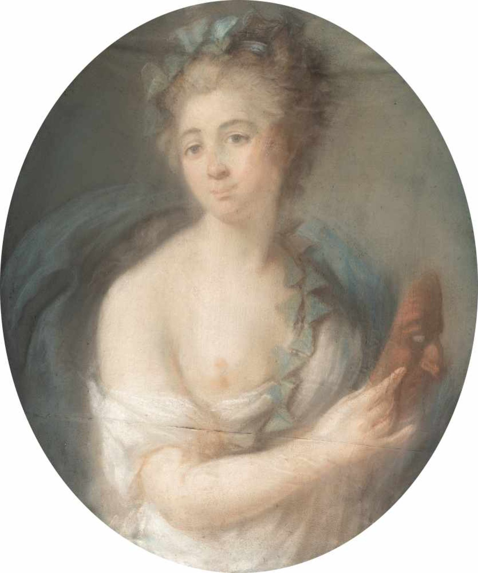 Französisch Um 1800Porträt einer jungen Dame in der Rolle der Muse MelpomenePastell, weiß gehöht auf