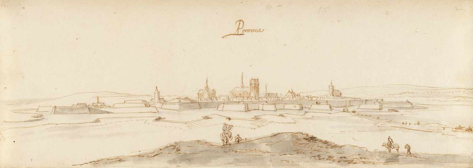 Jan Peeters1624 - Antwerp - 1677"Péronne"Feder in Braun, grau laviert auf Bütten mit einem