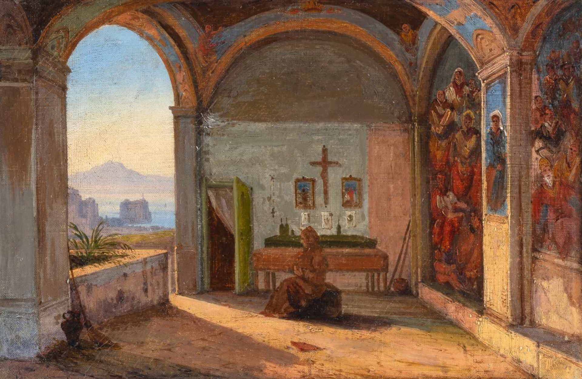 Franz Ludwig Catel1778 Berlin - Rome 1856Mönch in einer Vorhalle mit Blick auf den VesuvÖl auf