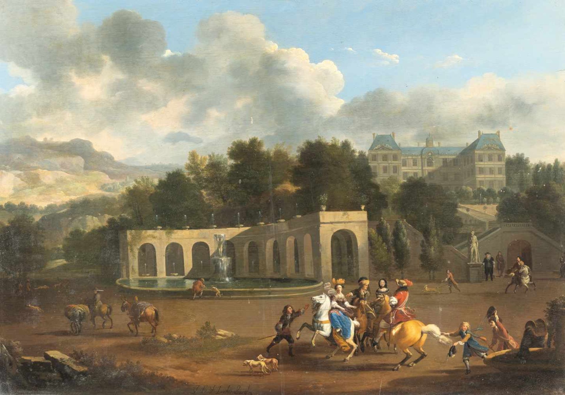 Jan Van Huchtenburgh1647 Haarlem - Amsterdam 1733Elegante Reitergesellschaft in einem Park vor einem