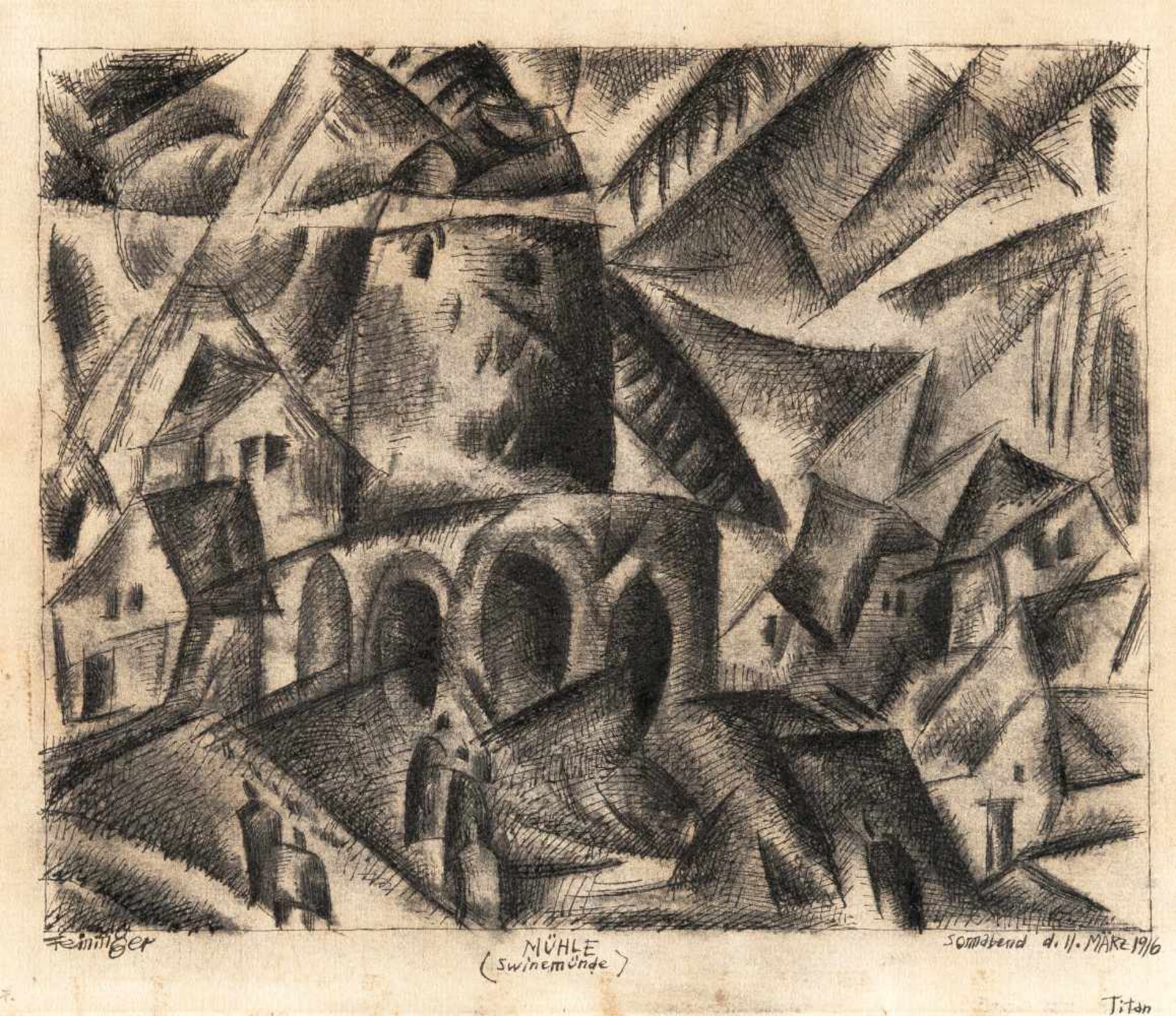 Lyonel Feininger1871 - New York - 1956Mill (Swinemünde)Indian ink and charcoal on laid paper with