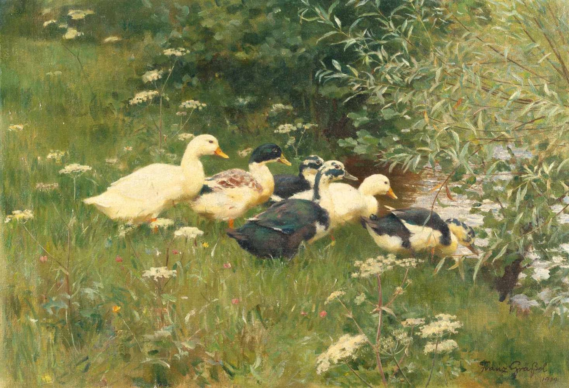 Franz Gräßel1861 Obersasbach in Baden – Emmering 1948Six ducks on the shoreOil on canvas. (1919). C.