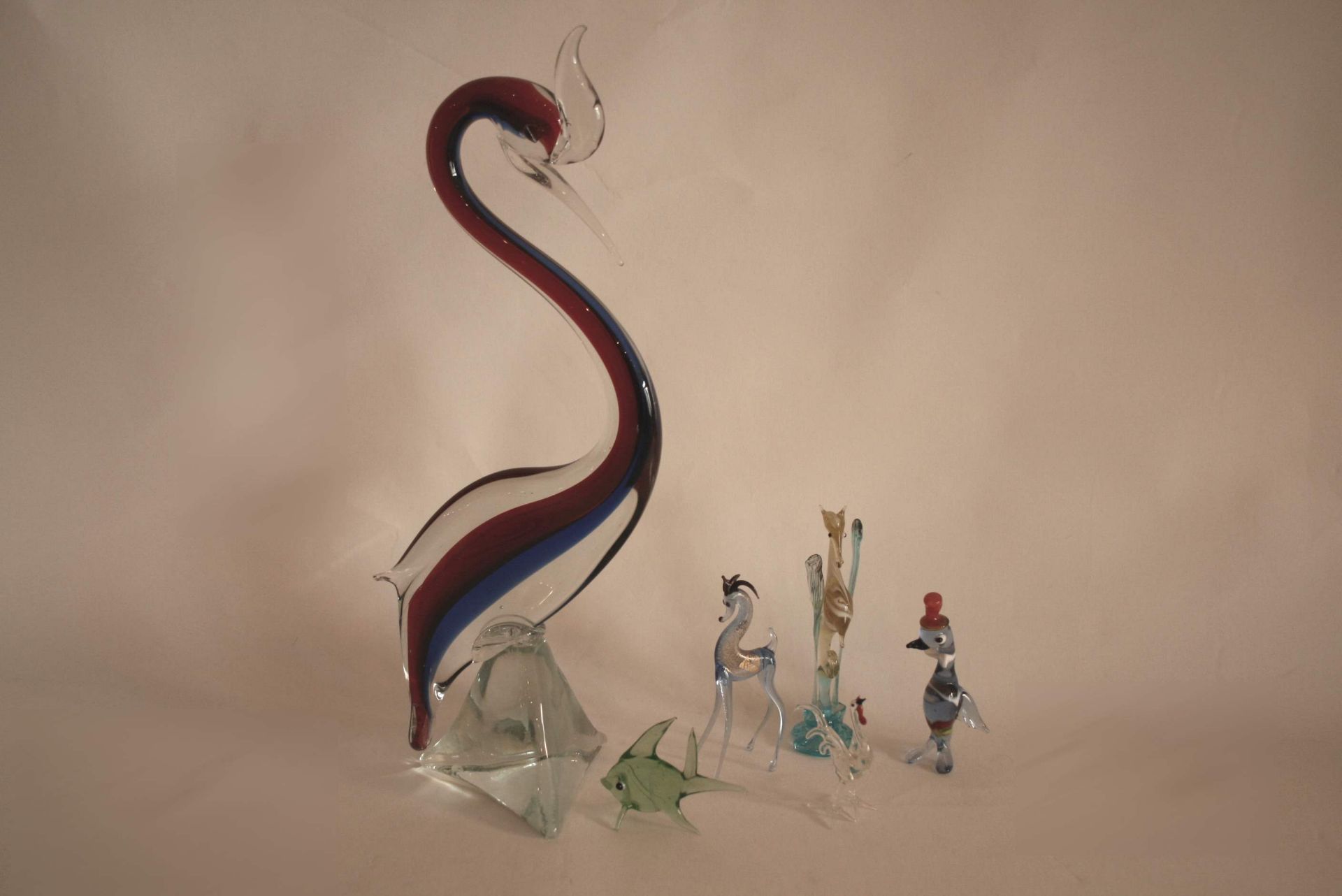 Ensemble de 6 animaux en cristal de MURANO, un grand échassier (36 cm) et 5 petits - [...]