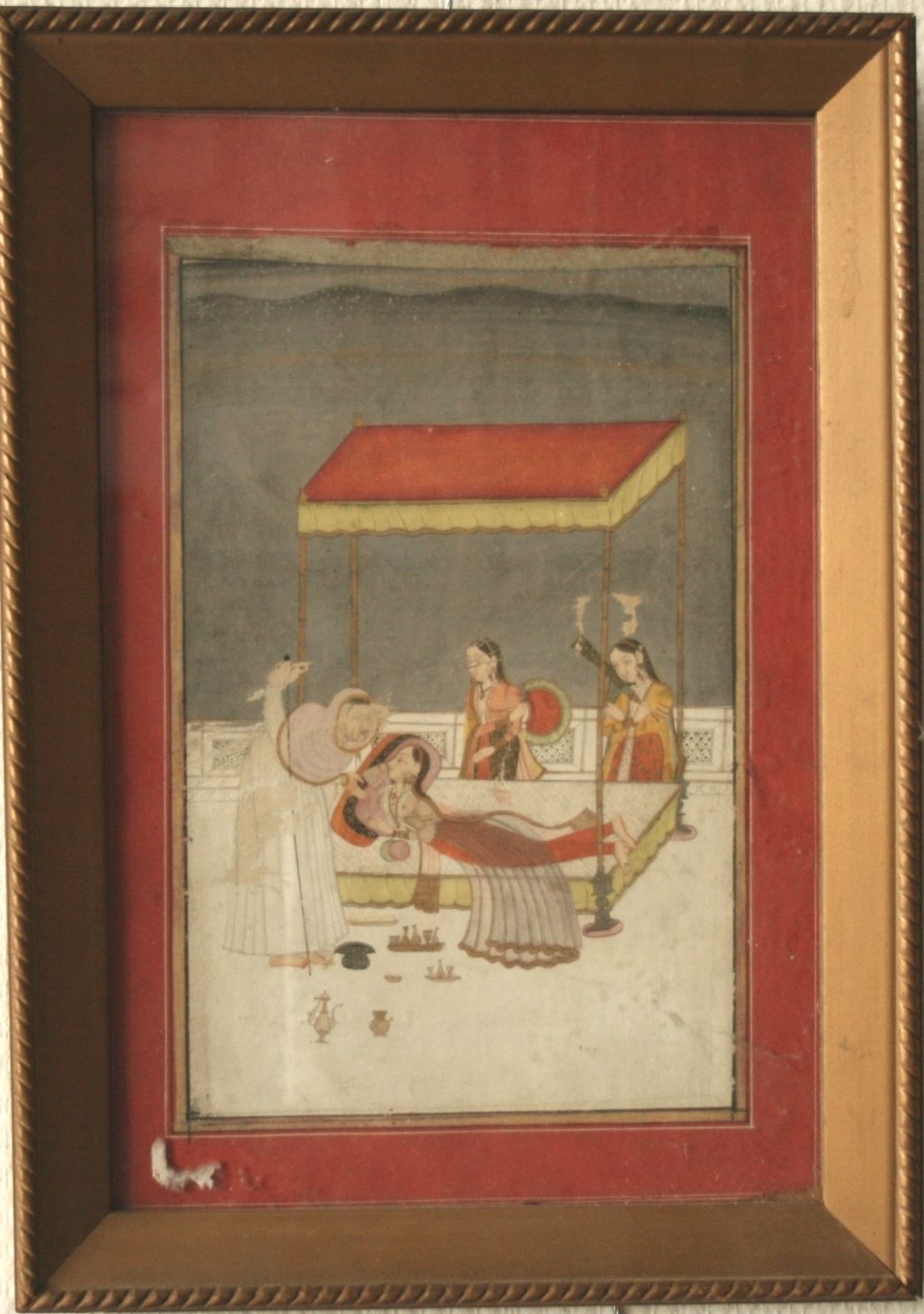 Dessin XIXe réhaussé de couleurs figurant 4 femmes autour d'un baldaquin, INDE, [...]