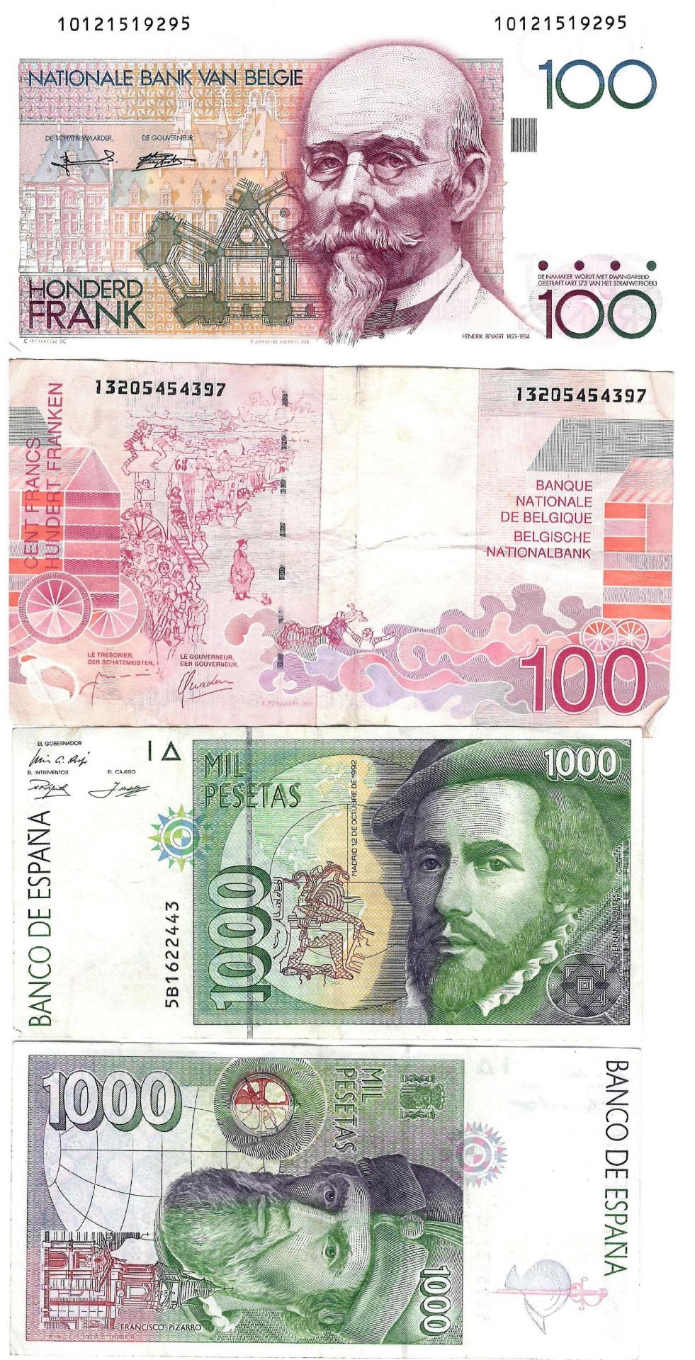Ensemble de billets de la Banque de Belgique / Italie / Espagne : 5 x 100 Francs [...] - Bild 2 aus 3