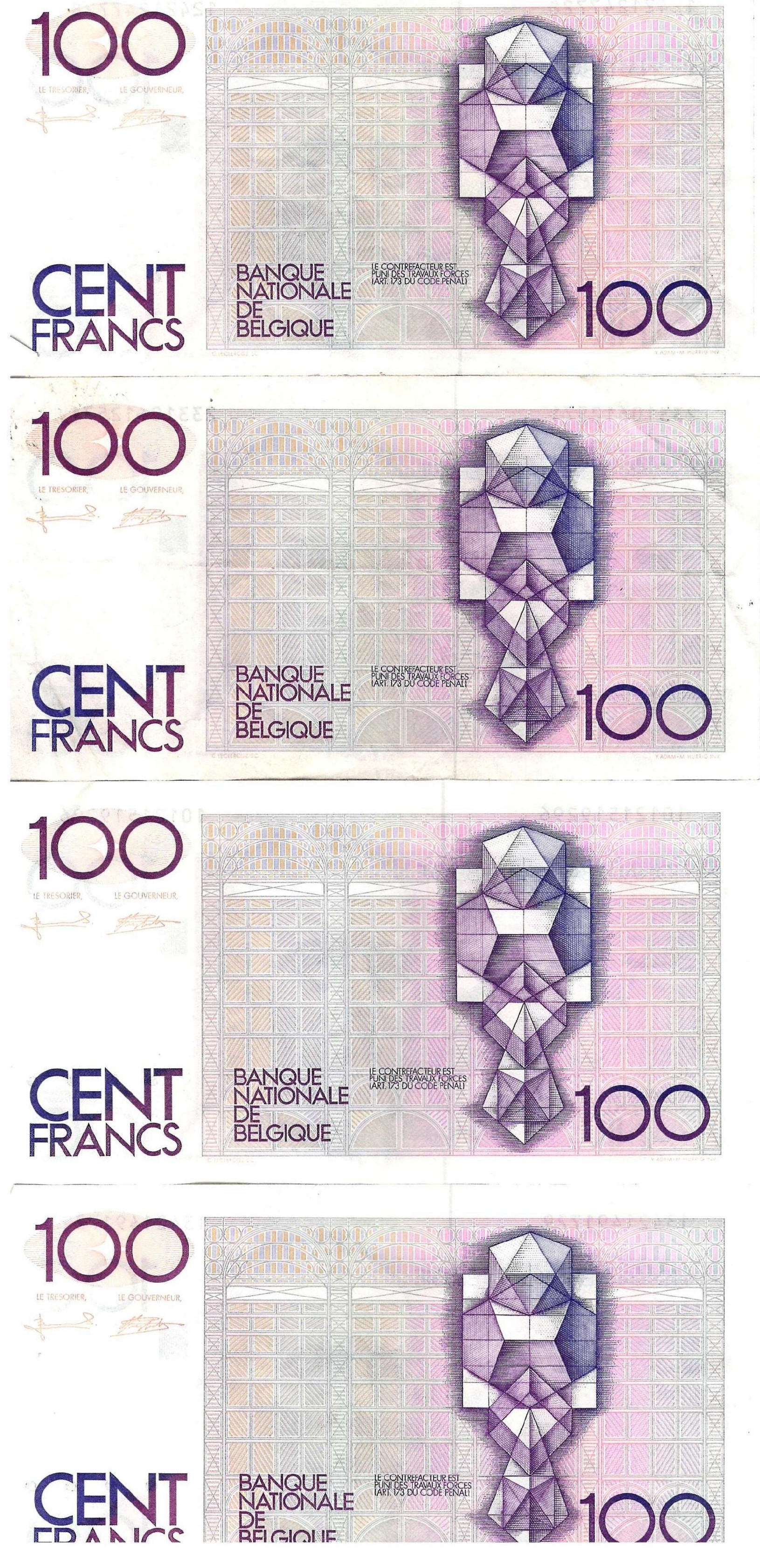 Ensemble de billets de la Banque de Belgique / Italie / Espagne : 5 x 100 Francs [...]