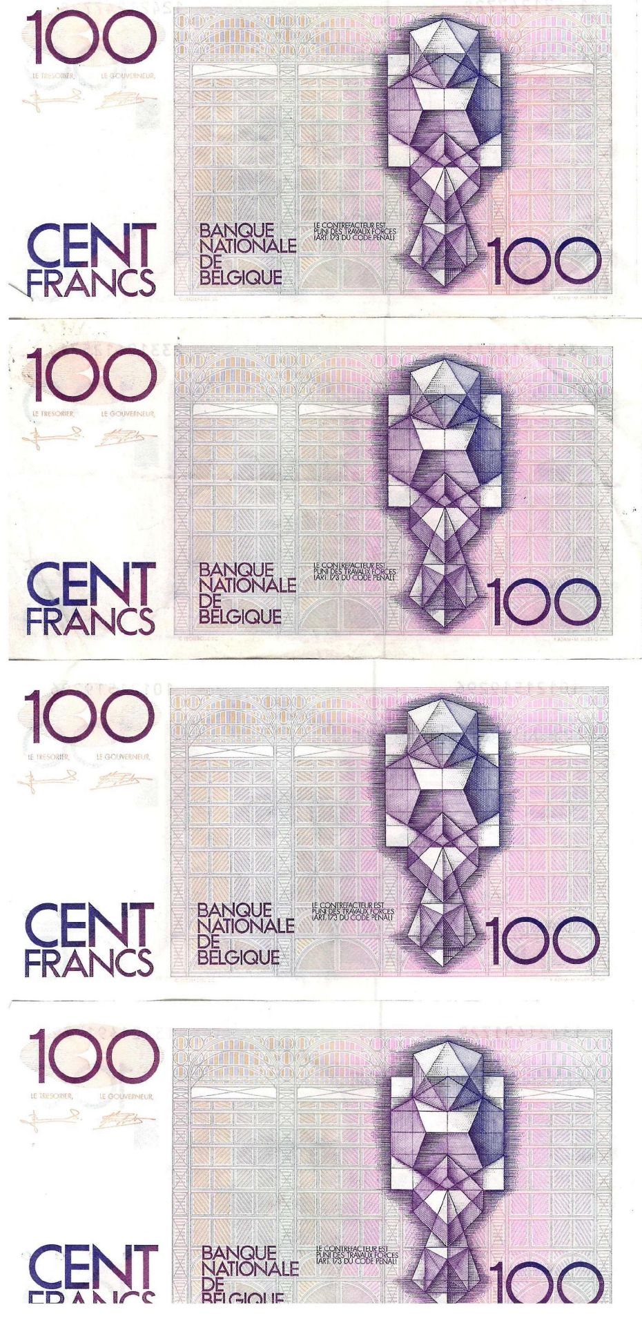 Ensemble de billets de la Banque de Belgique / Italie / Espagne : 5 x 100 Francs [...]
