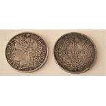 Pièce de 5 Francs argent 900, Cérès deuxième république 1er type : 2 pièces de [...]