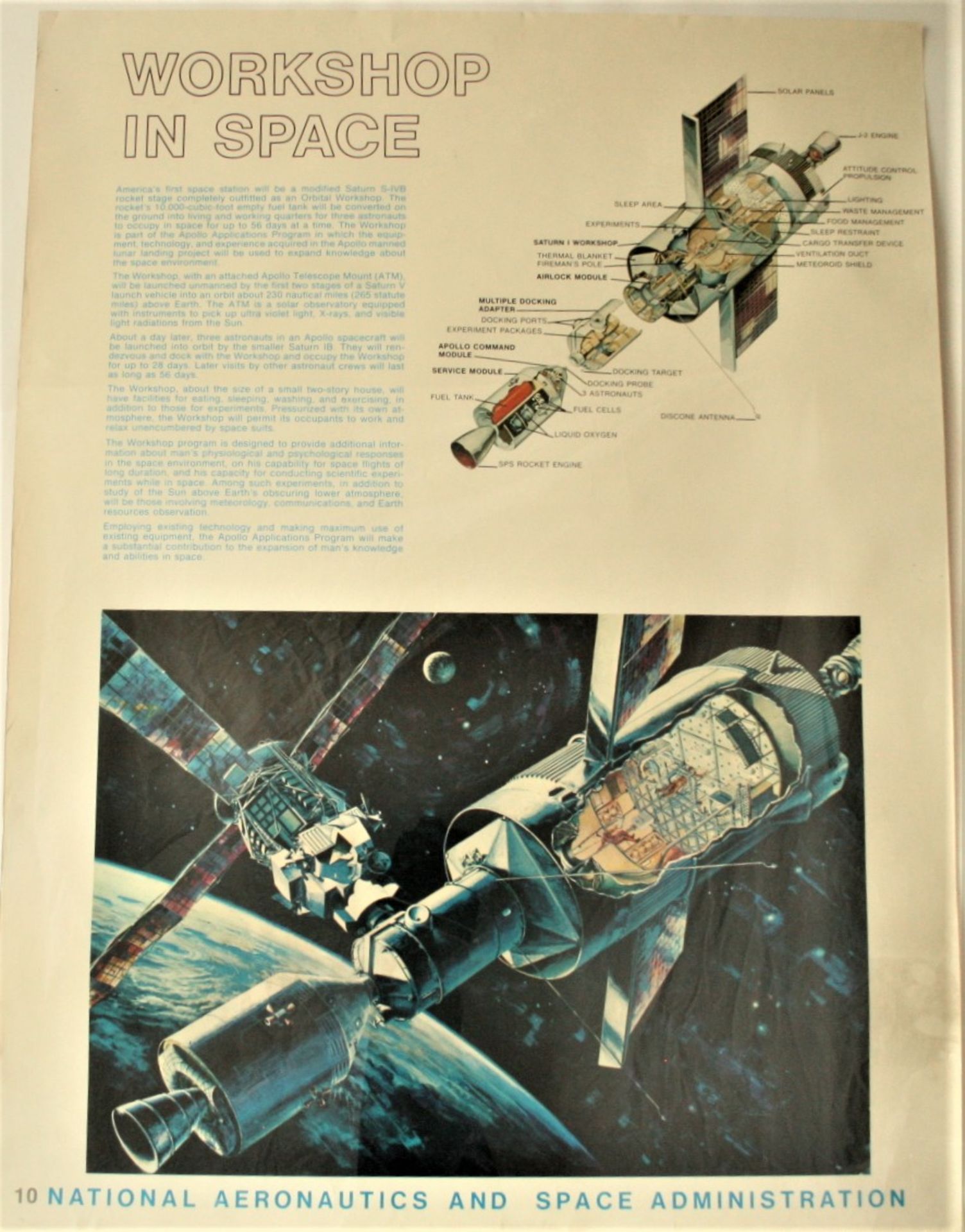 Affiche # 10 de la NASA de l'époque d'APOLLO XI "WORKSHOP IN SPACE", ca 1969, bon [...]