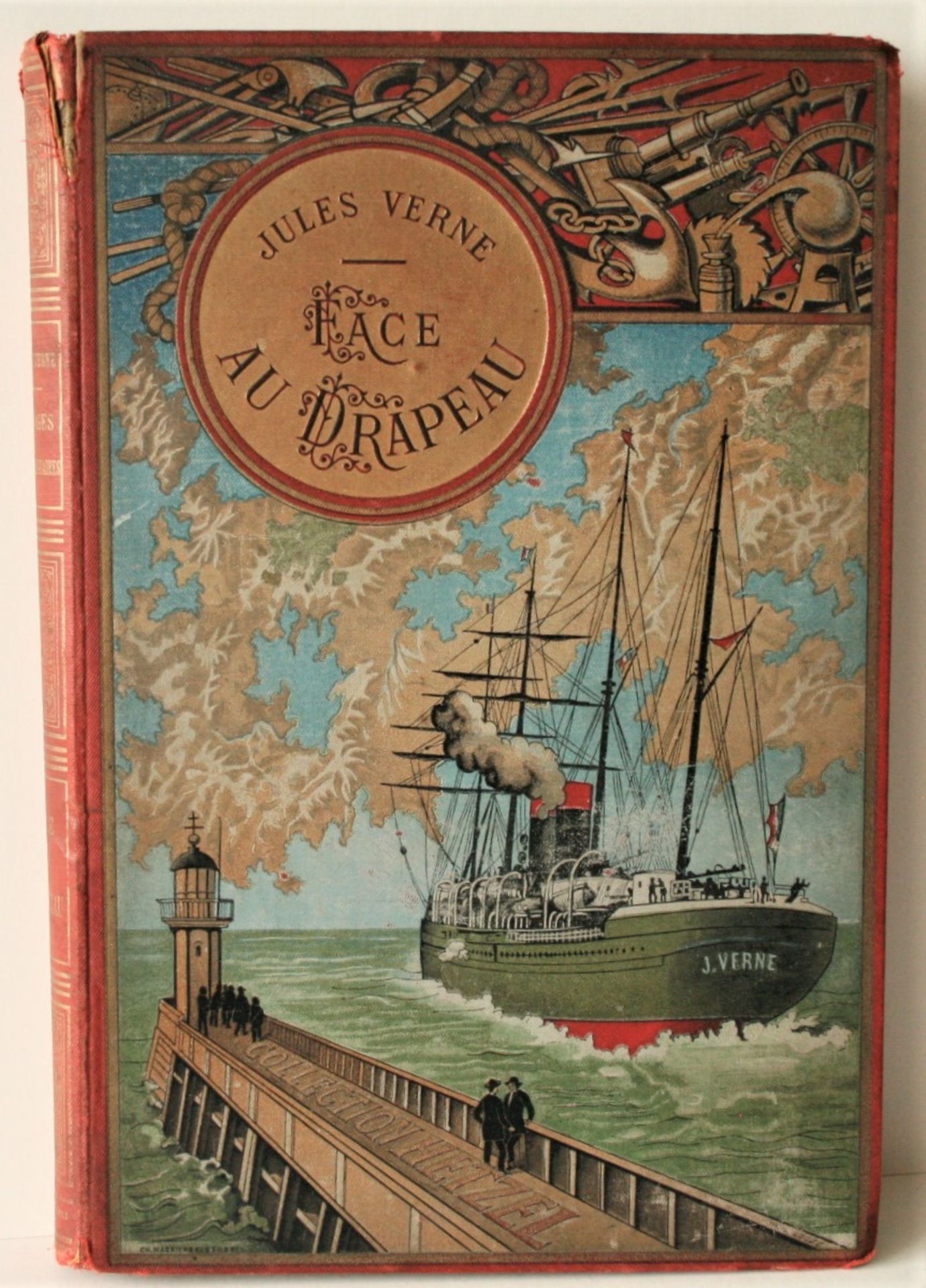 Jules VERNE : Face au drapeau, cartonnage Hetzel au steamer, tranches dorées, [...]