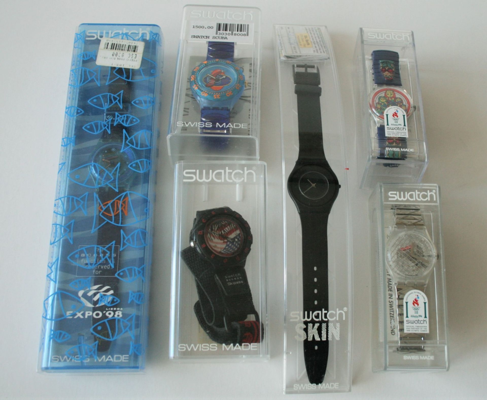 Ensemble de 6 montres SWATCH vintage, état neuf dans l'emboîtage d'origine : 1. [...]