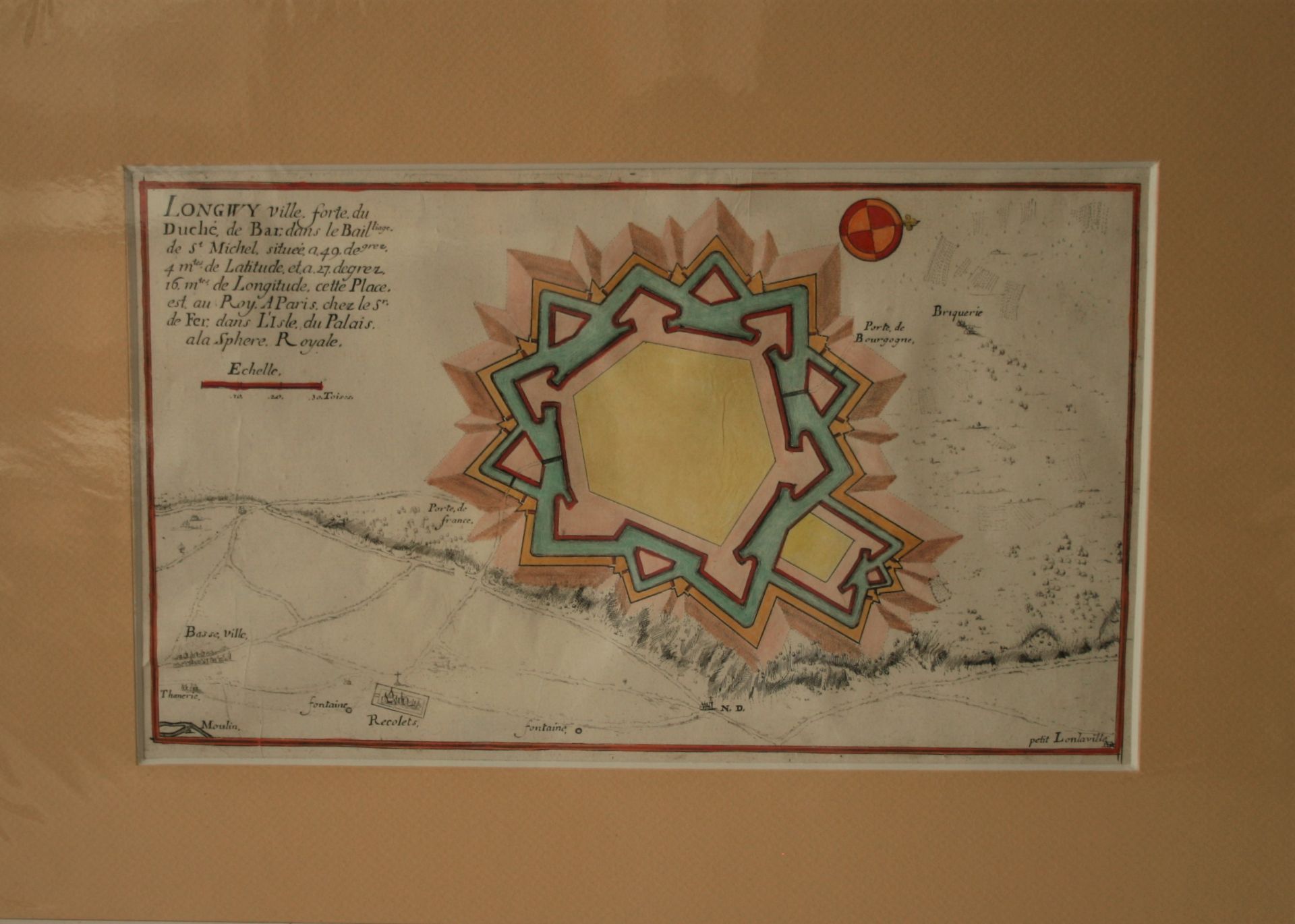 Plan aquarellé de la place forte de LONGWY par Nicolas de FER, 1693 - Dimensions : [...]